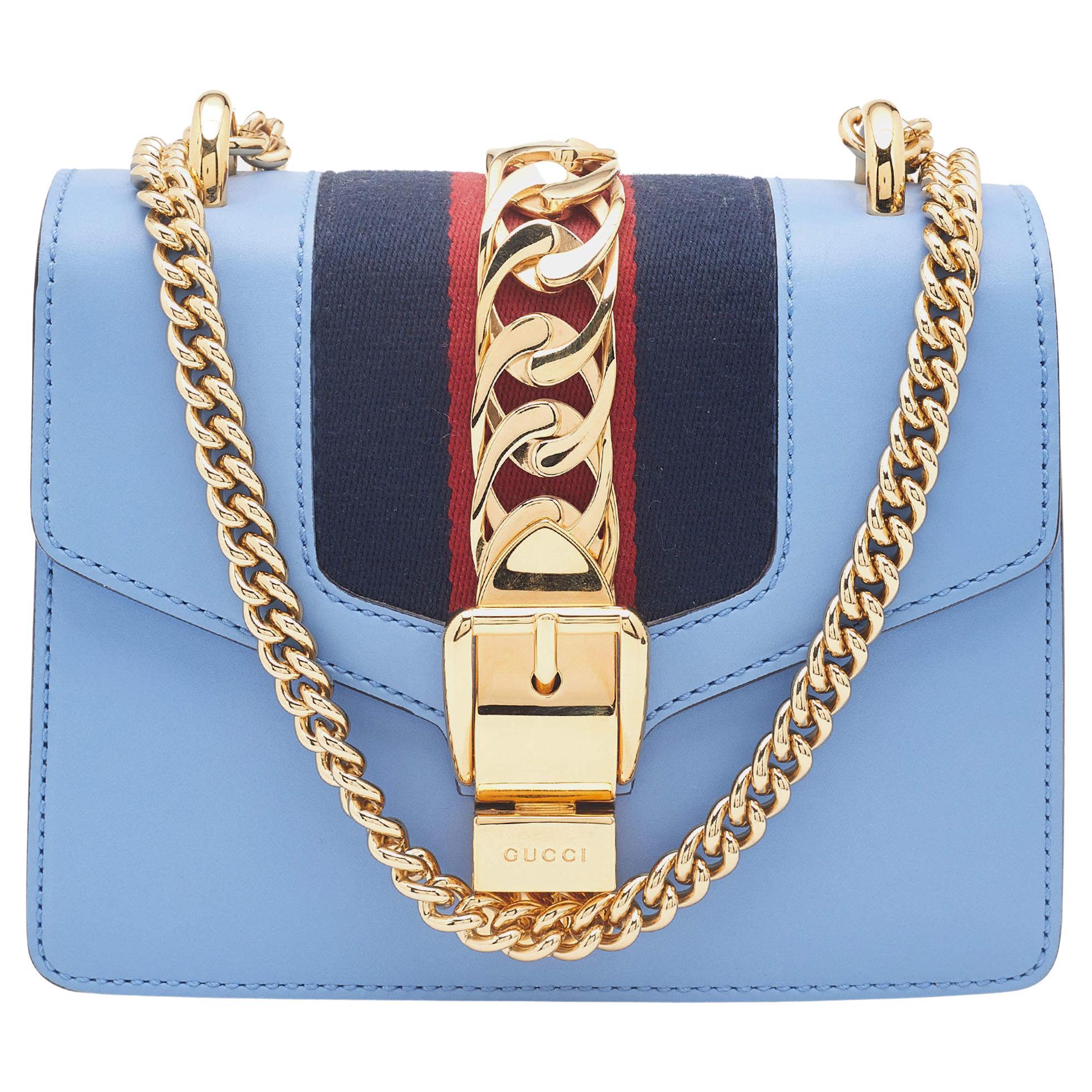 Gucci Light Blue Leather Mini Chain Sylvie Crossbody Bag For Sale at 1stDibs