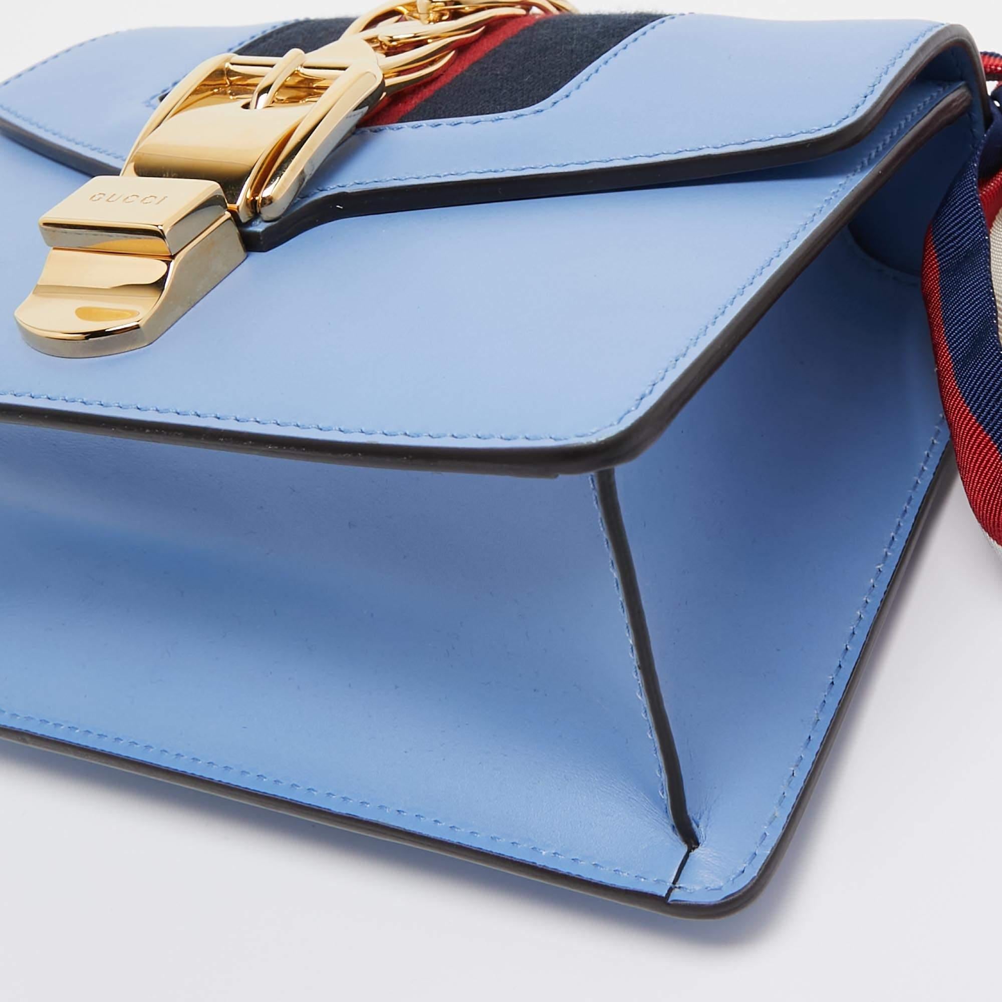 Gucci Light Blue Leather Mini Web Sylvie Chain Shoulder Bag 2