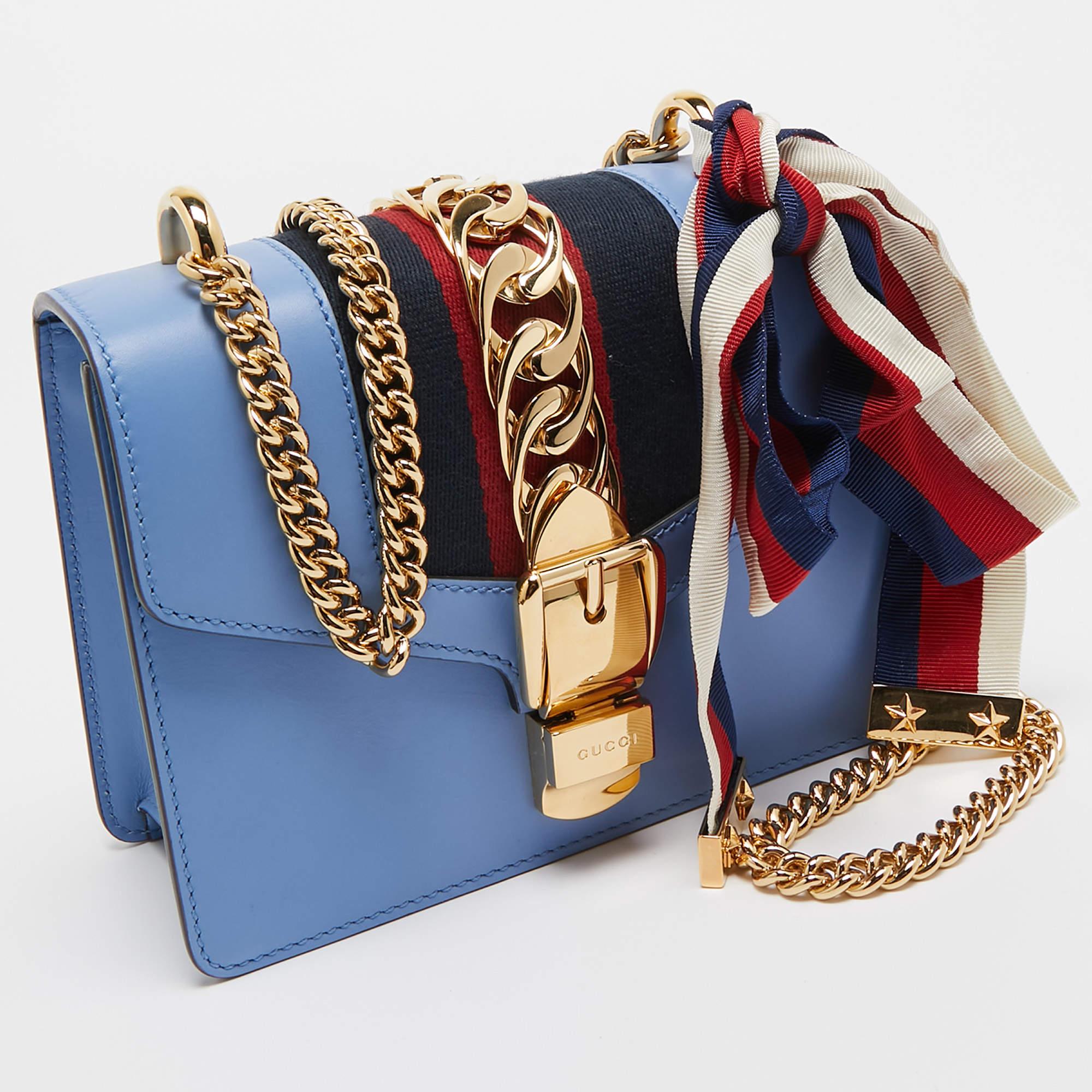 Gucci Light Blue Leather Mini Web Sylvie Chain Shoulder Bag 5