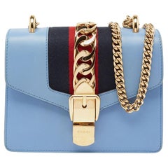 Used Gucci Light Blue Leather Mini Web Sylvie Chain Shoulder Bag