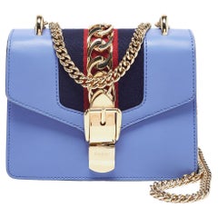 Used Gucci Light Blue Leather Mini Web Sylvie Chain Shoulder Bag