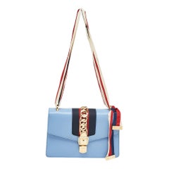 Gucci Light Blue Leather Small Web Sylvie Shoulder Bag Gucci Light Blue Leather Small Web Sylvie Shoulder Bag