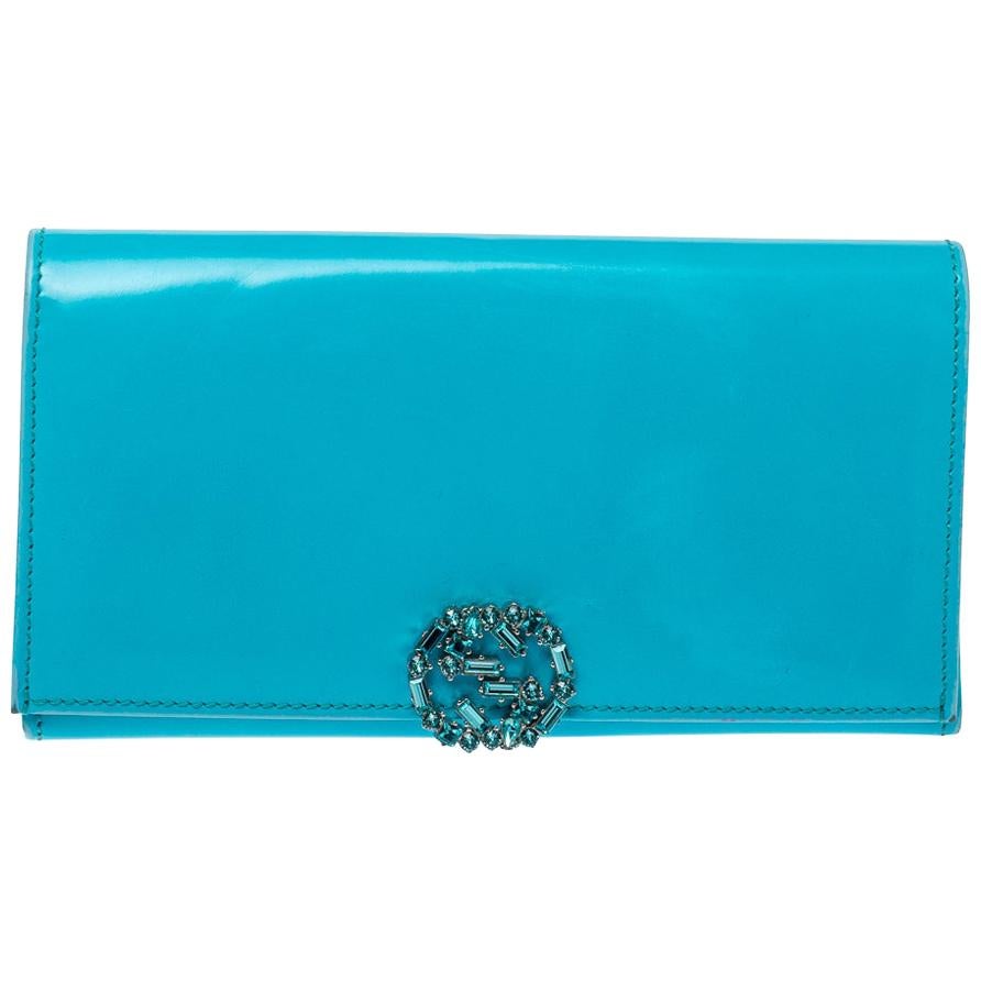 Gucci Light Blue Patent Leather Interlocking G Crystal Continental Wallet