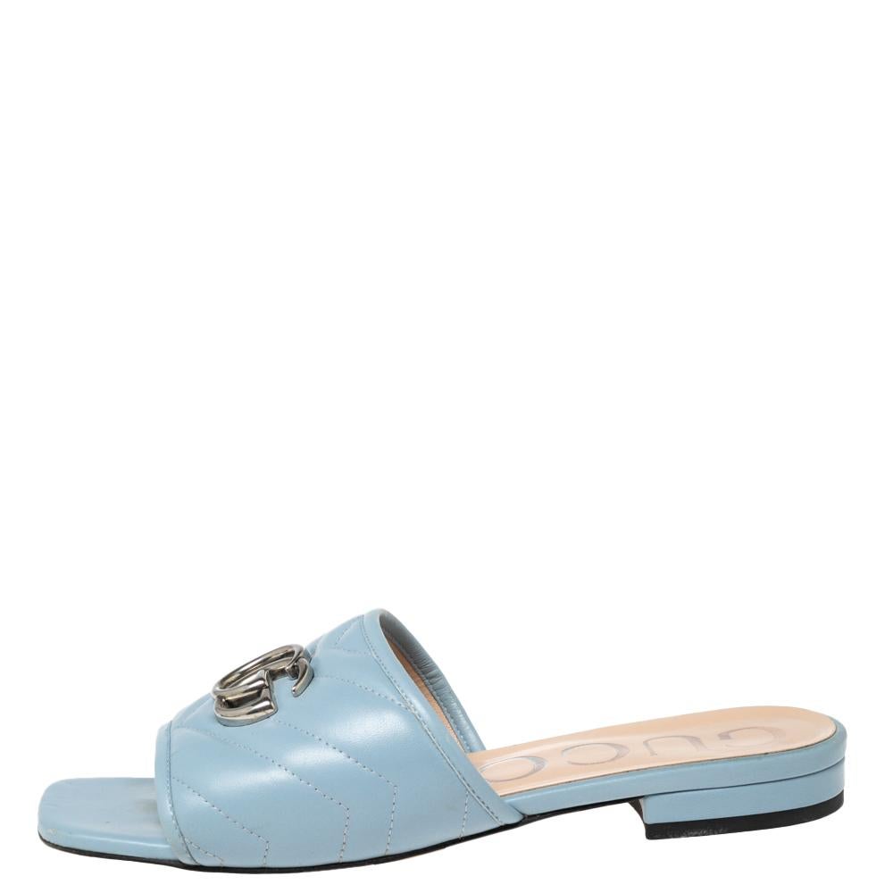 Women's Gucci Light Blue Quilted Leather Jolie Logo Slides Size 36