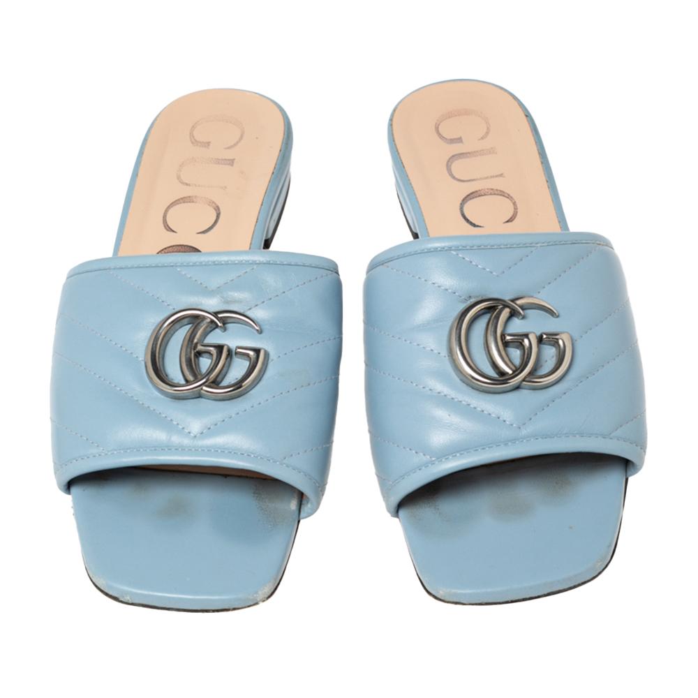 Gucci Light Blue Quilted Leather Jolie Logo Slides Size 36 1