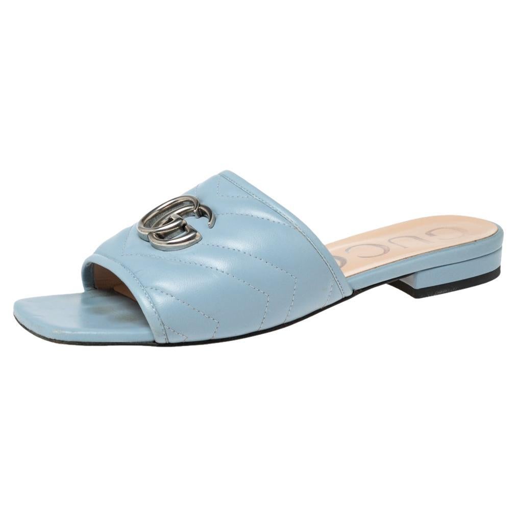 Gucci Light Blue Quilted Leather Jolie Logo Slides Size 36