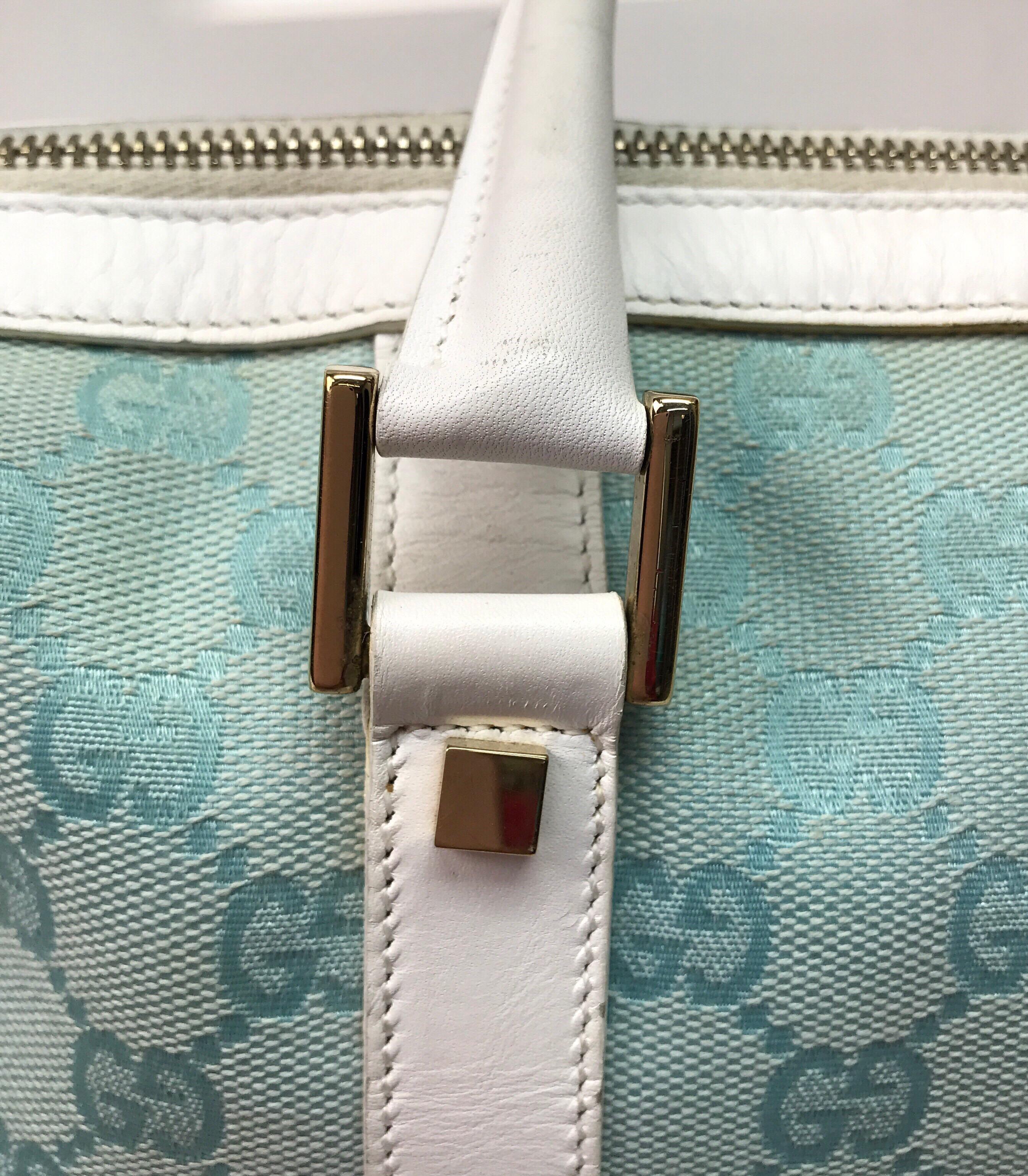 Gucci Light Blue & White Monogram Speedy Handbag In Good Condition In West Palm Beach, FL