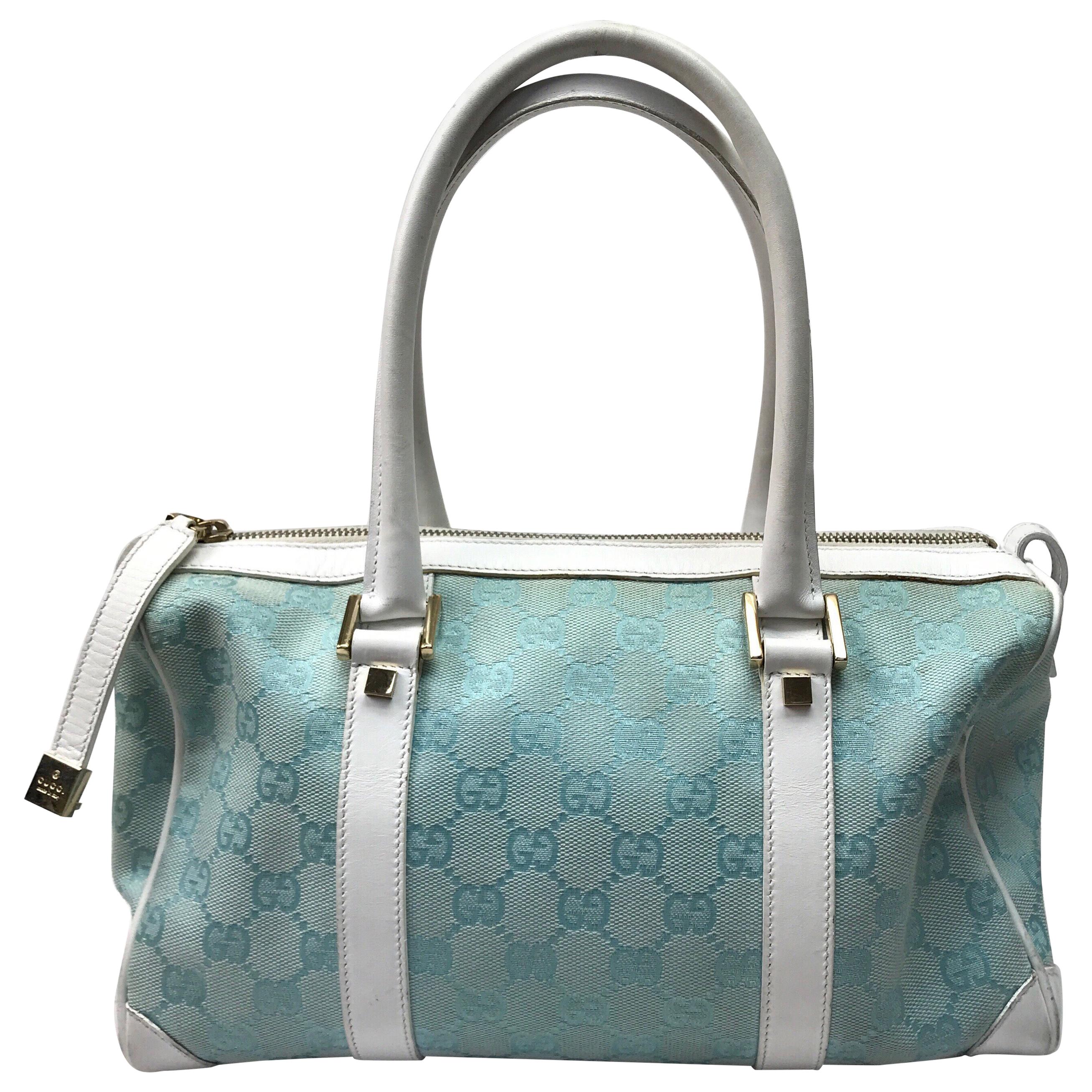 Gucci Light Blue and White Monogram Speedy Handbag at 1stDibs