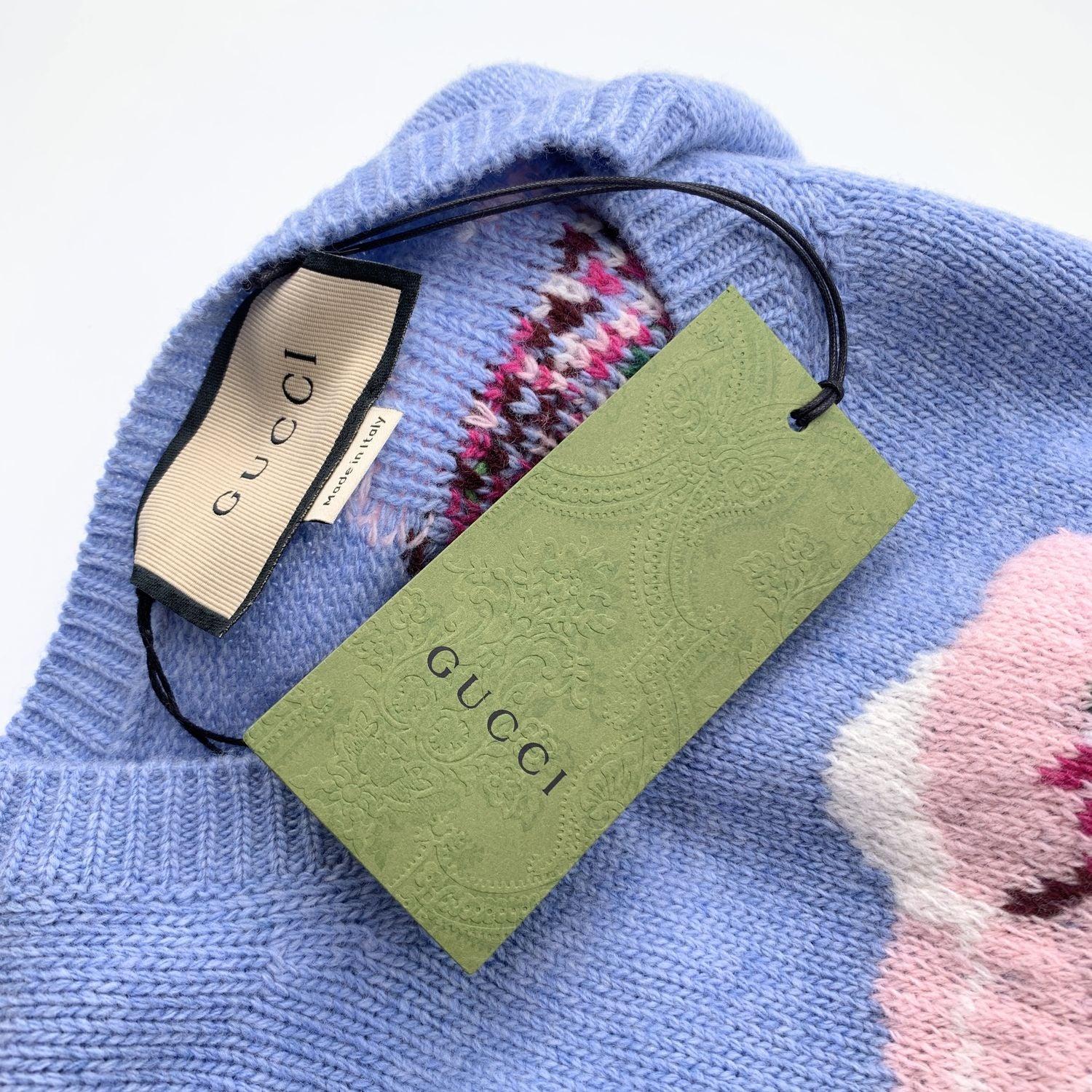 Women's Gucci Light Blue Wool Intarsia Flowers Sweater Size L