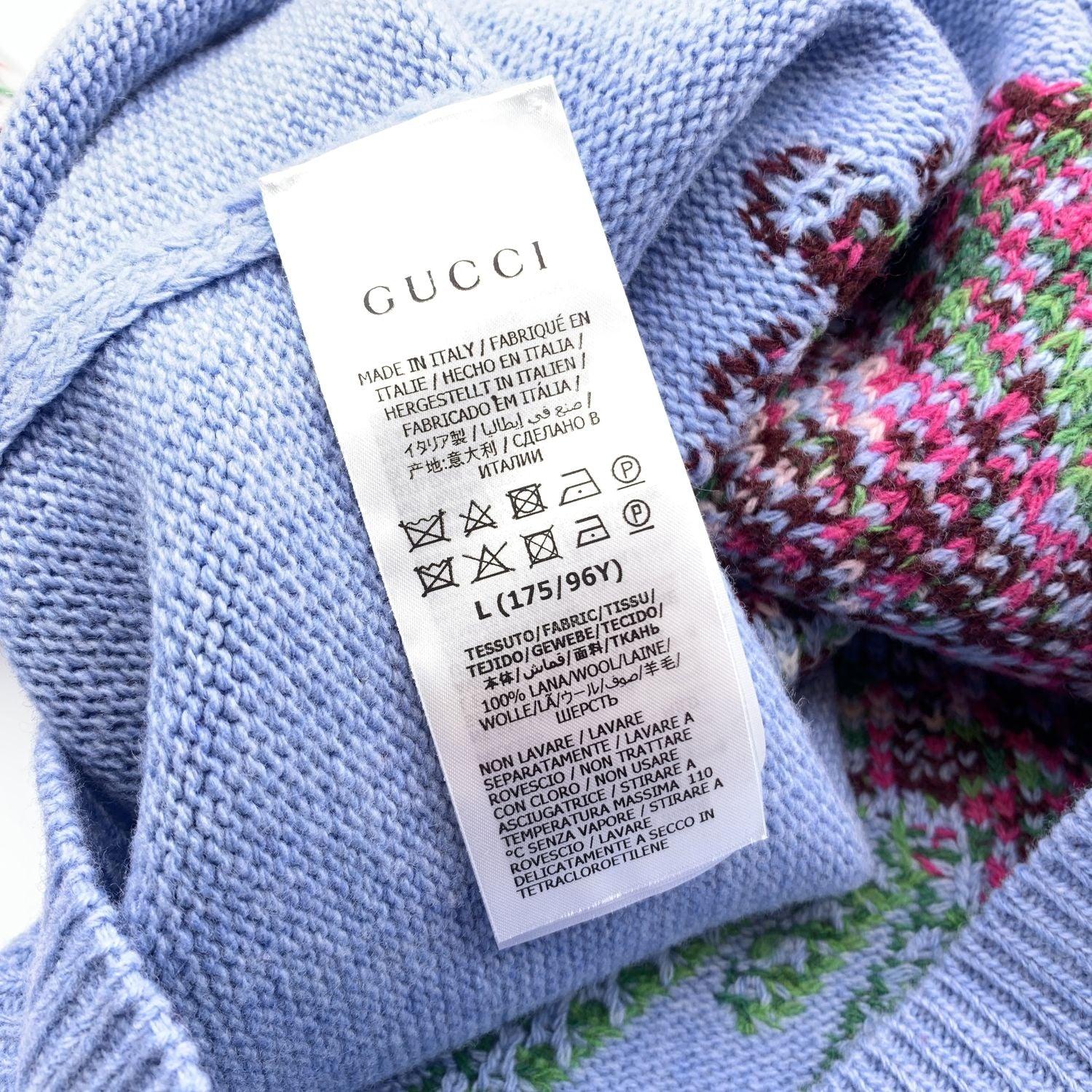 Gucci Light Blue Wool Intarsia Flowers Sweater Size L 1