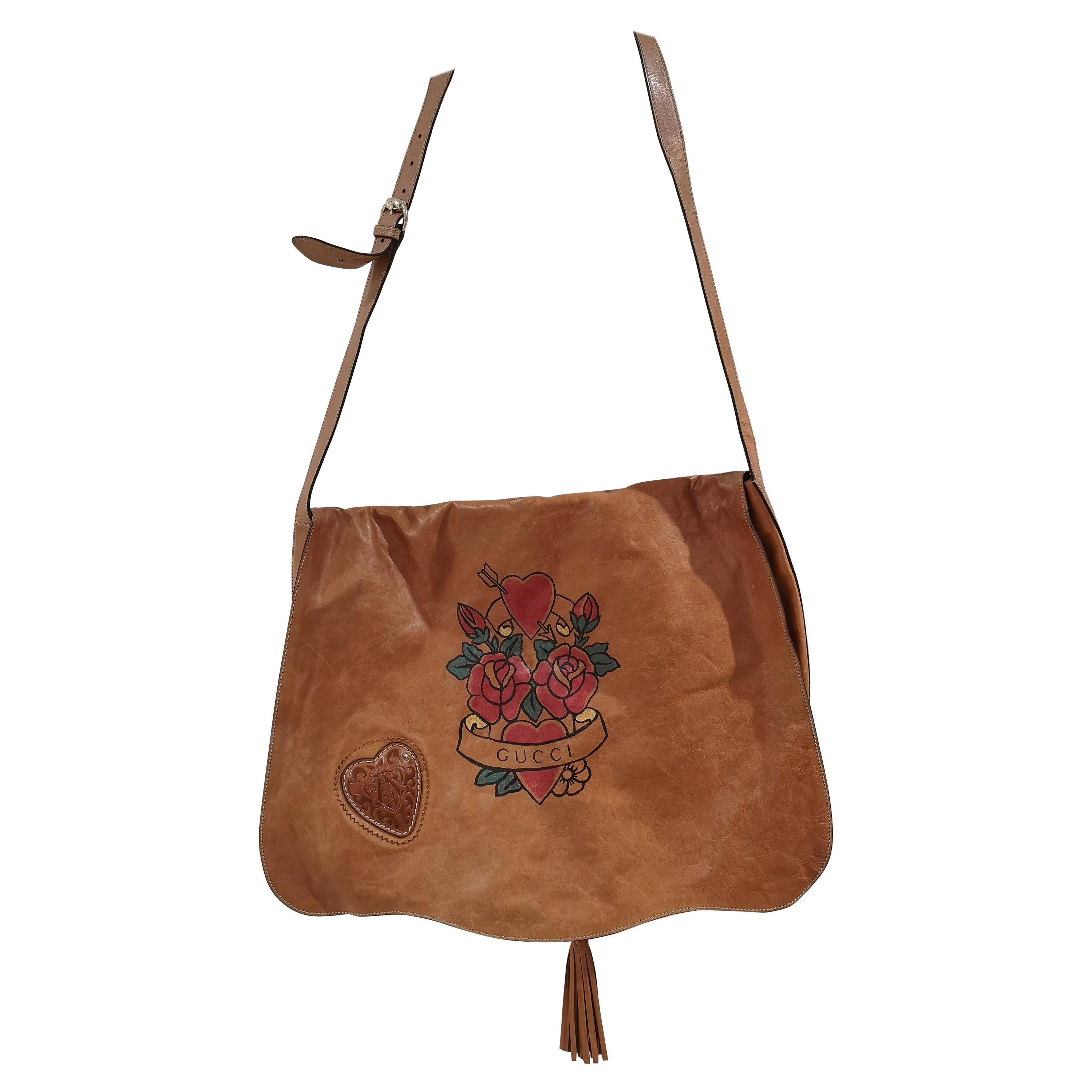 Gucci light brown leather roses shoulder crossbody bag 