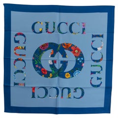 GUCCI light & dark blue silk FLORA GUCCI VINTAGE LOGO 90 Scarf