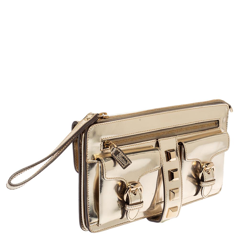 Women's Gucci Light Gold Patent Leather Studded Evening Wristlet