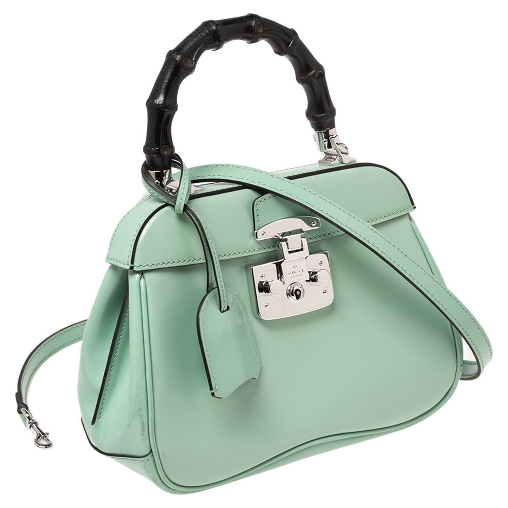 Gray Gucci Light Green Leather Lady Lock Bamboo Top Handle Bag