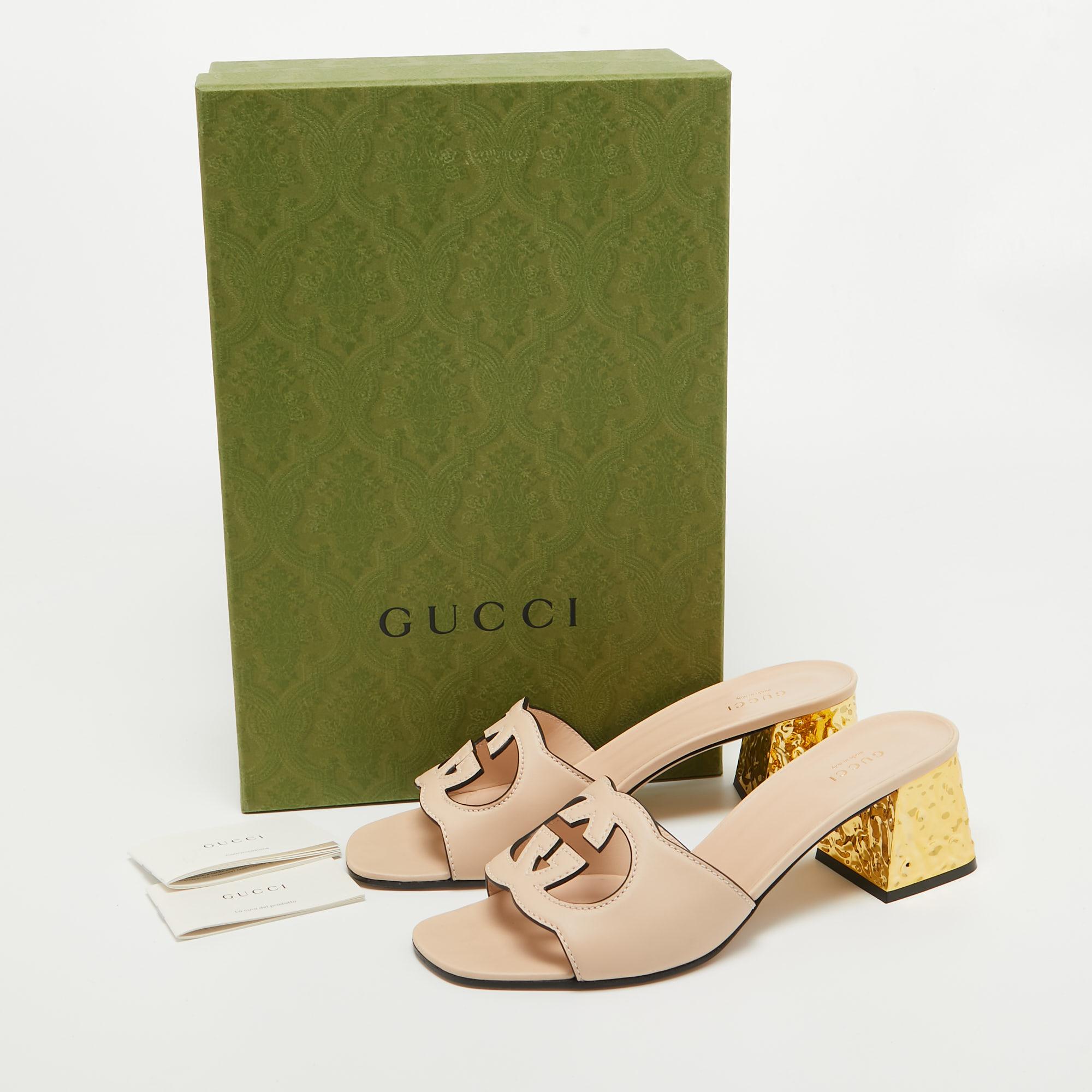 Beige Gucci Light Pink Leather Cut Out Interlocking G Slide Sandals Size 41.5