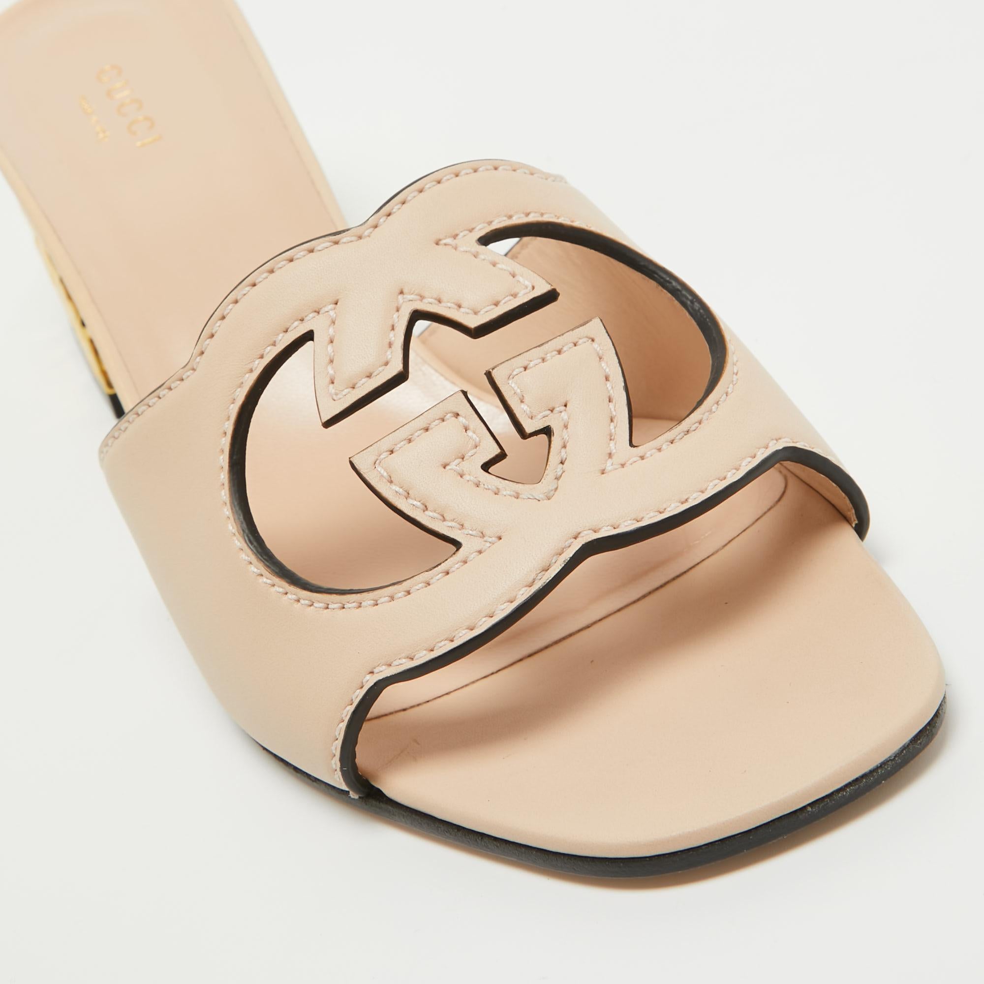 Gucci Light Pink Leather Cut Out Interlocking G Slide Sandals Size 41.5 4