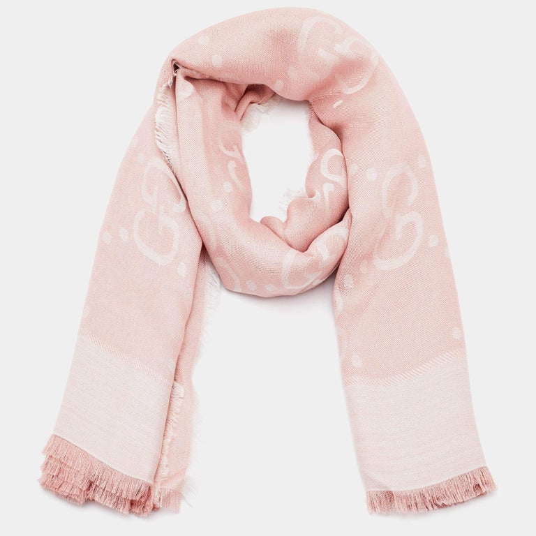 Gucci Light Pink Logo Lame jacquard Silk and Wool Scarf For Sale at 1stDibs