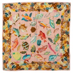 Gucci Light Pink & Multicolor Fish Print Silk Scarf