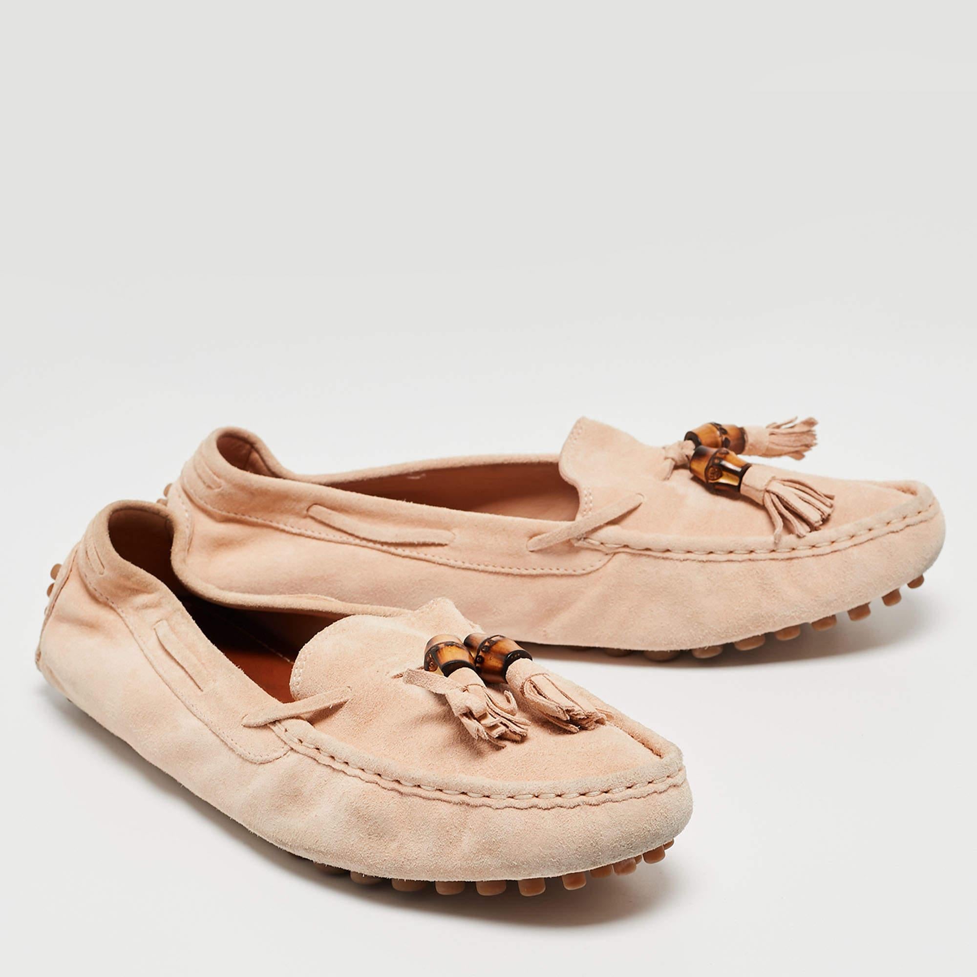 Gucci Light Pink Suede Bamboo Tassel Slip On Loafers Size 37.5 For Sale 2