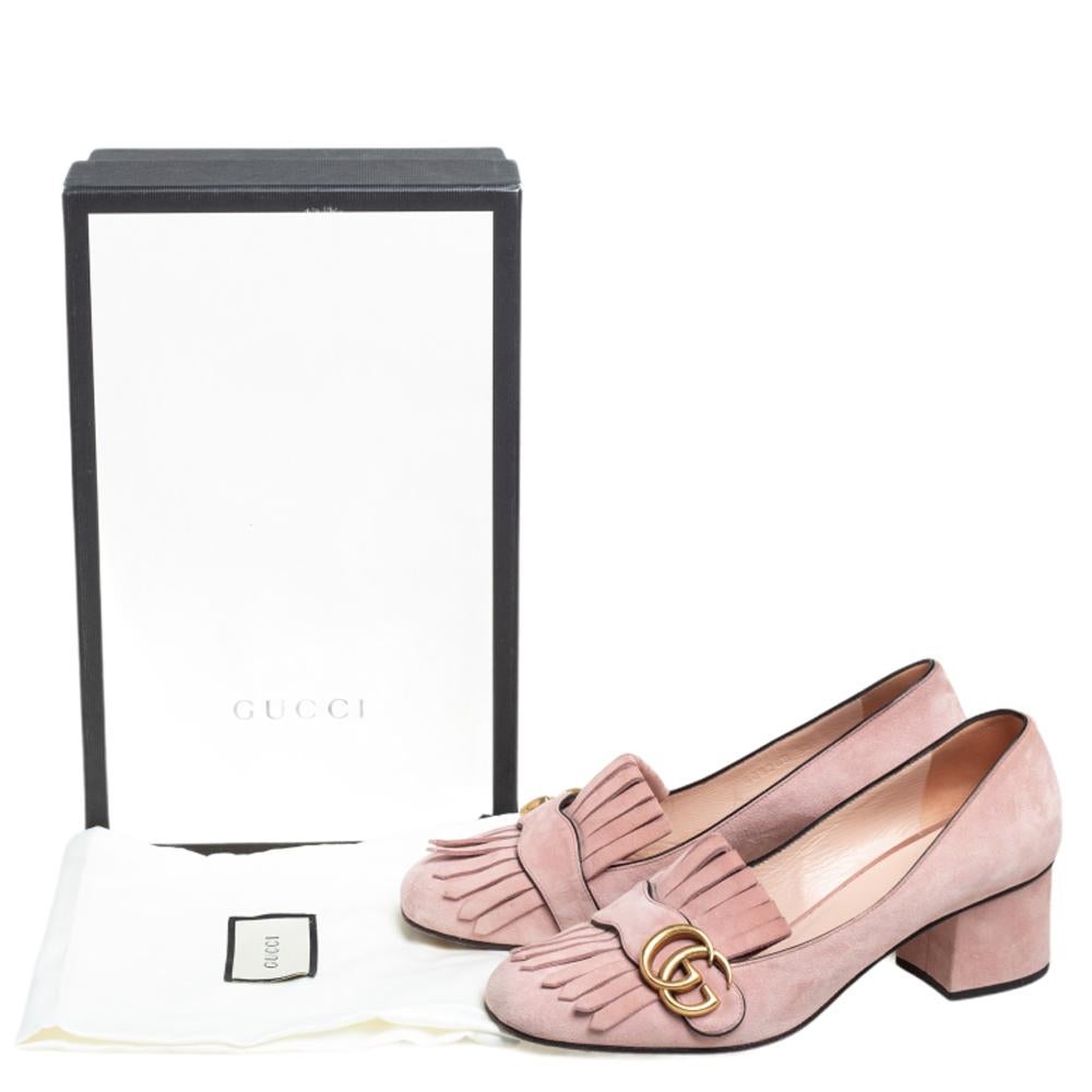 Women's Gucci Light Pink Suede GG Marmont Fringe Block Heel Pumps Size 38.5