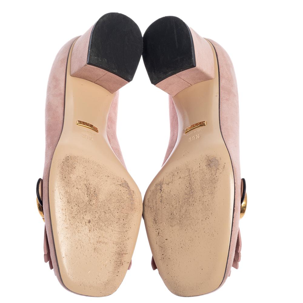 Gucci Light Pink Suede GG Marmont Fringe Pumps Size 39.5 In Good Condition In Dubai, Al Qouz 2