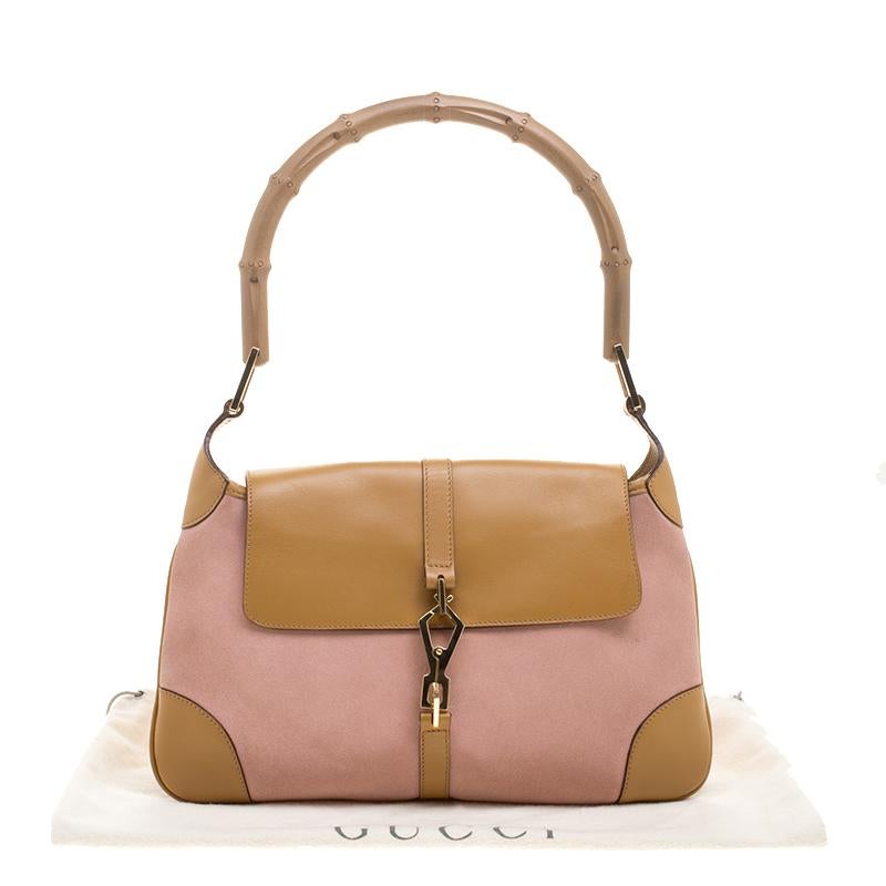 Gucci Light Pink/Tan Suede and Leather Jackie Bamboo Shoulder Bag 7