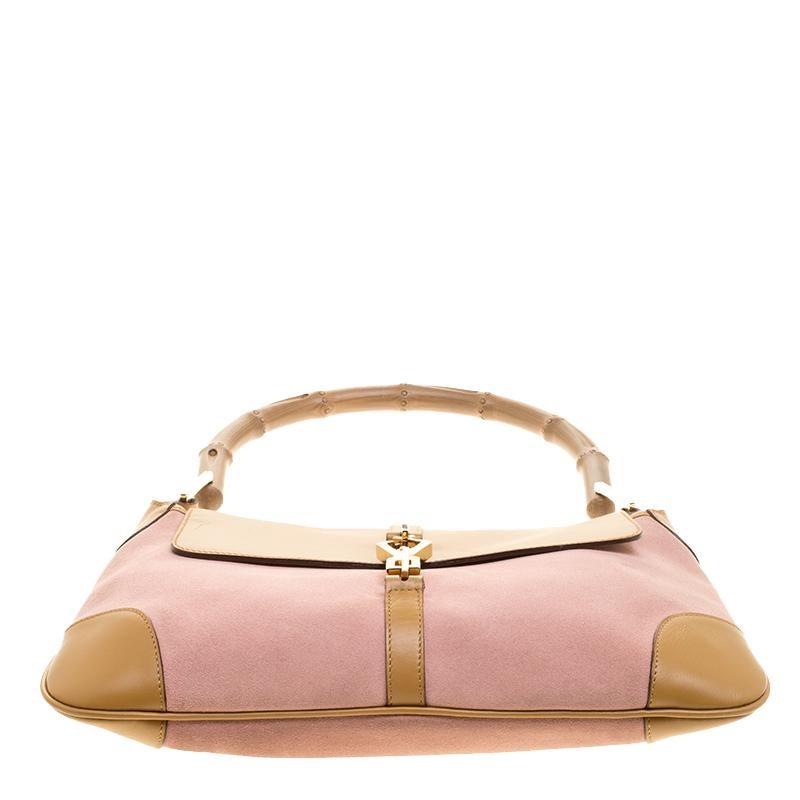 Gucci Light Pink/Tan Suede and Leather Jackie Bamboo Shoulder Bag 1