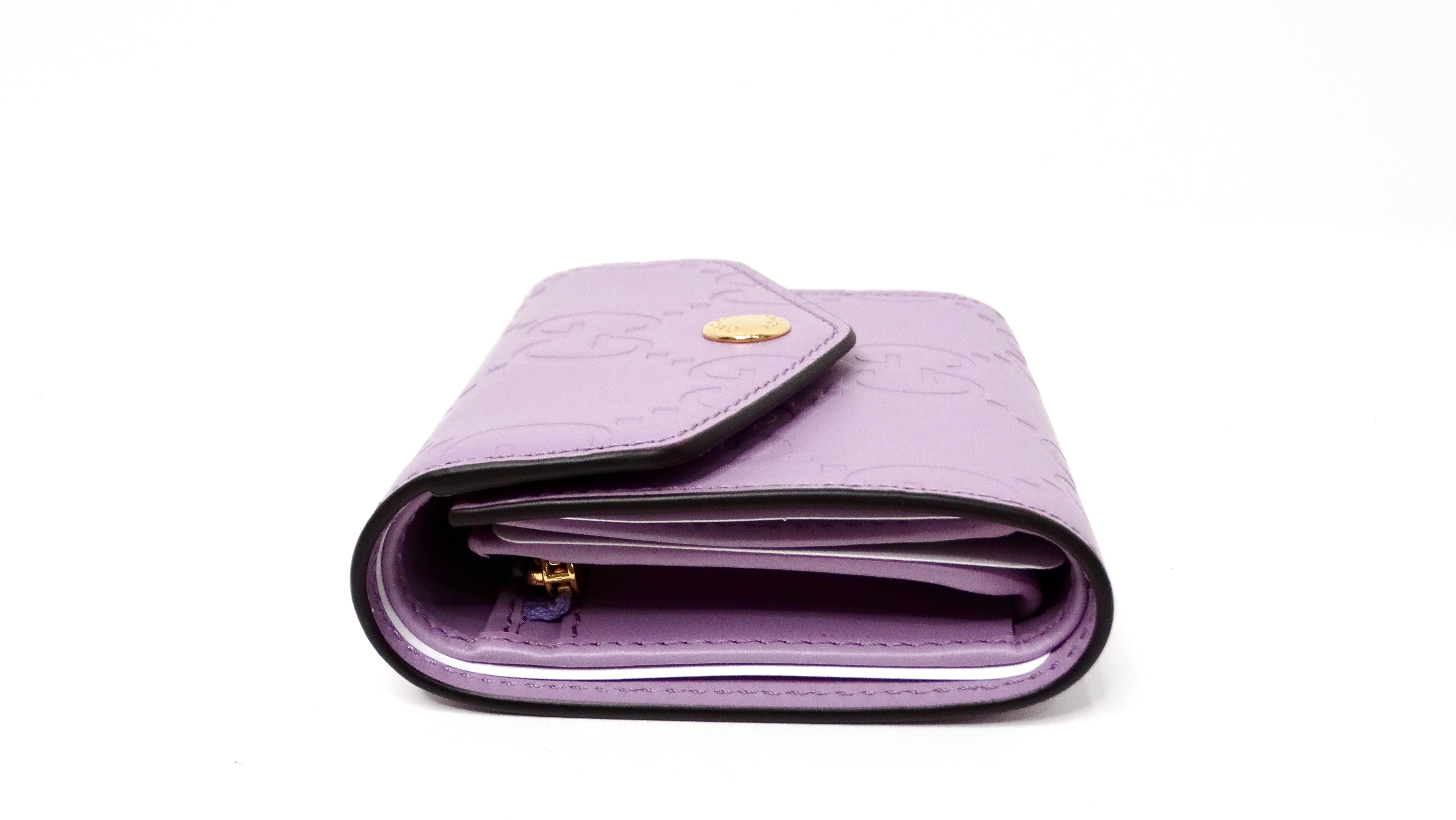 Gucci Lilac GG Embossed Leather Tri-Fold Square Wallet For Sale 1