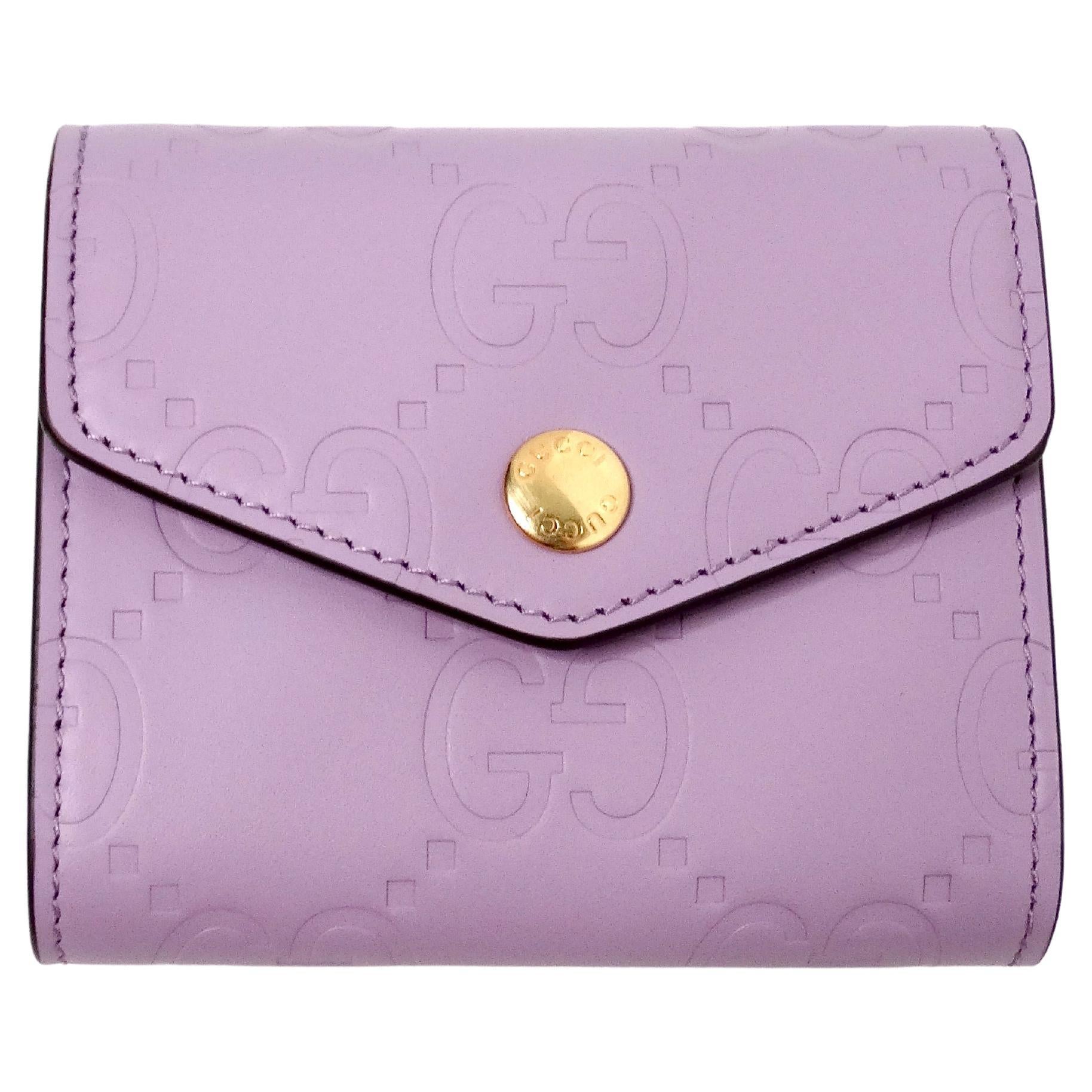 Gucci Lilac GG Embossed Leather Tri-Fold Square Wallet For Sale