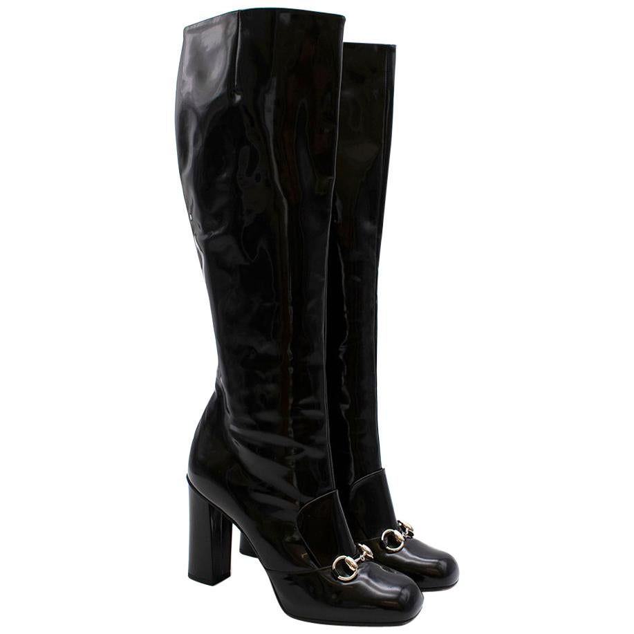 Gucci Lillian Horsebit Black Patent Heeled Boots 39.5 For Sale