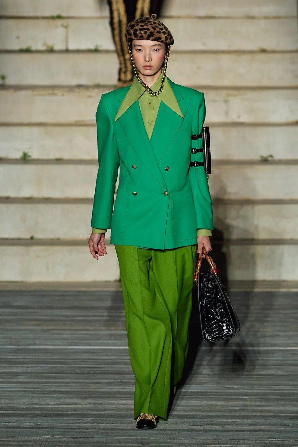 GUCCI lime green polyester 2020 DRILL HIGH WAISTED WIDE LEG Pants 40 S 3