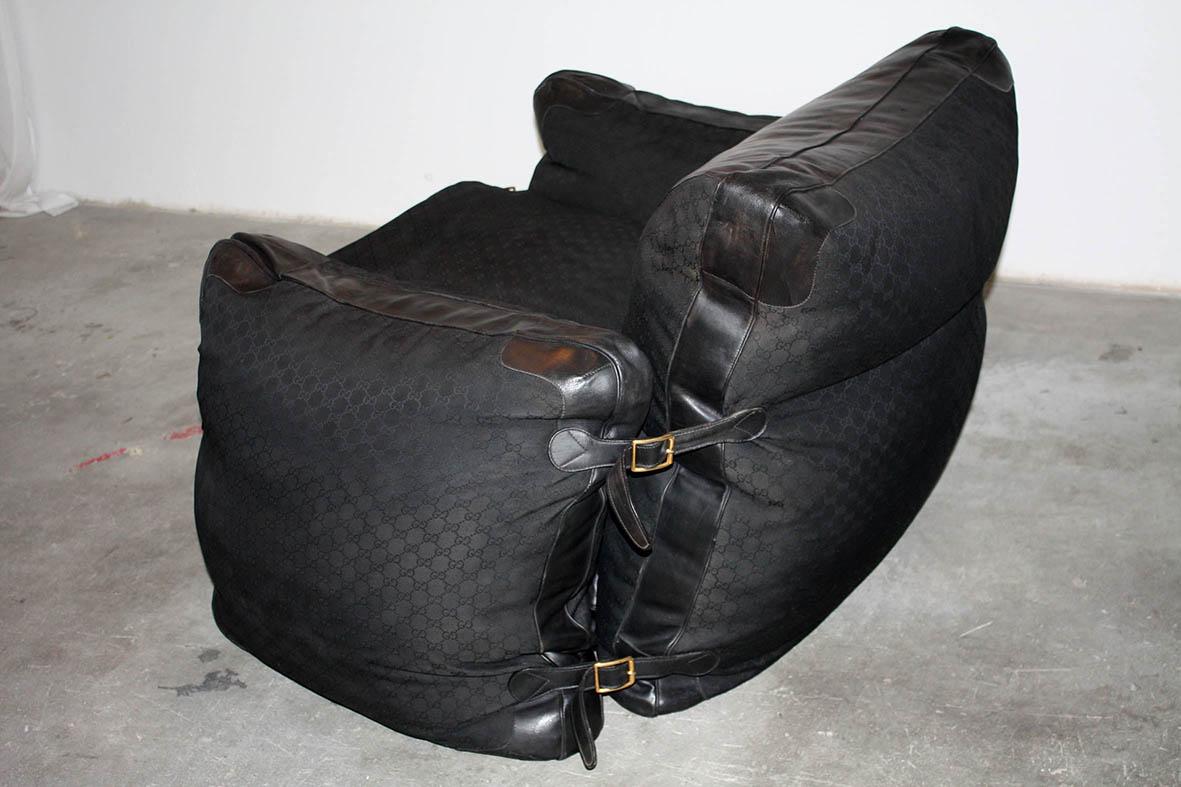 Gucci Limited Edition Armchair Black Leather, Monogram Canvas Fabric Italy 1980s In Good Condition In Sacile, PN