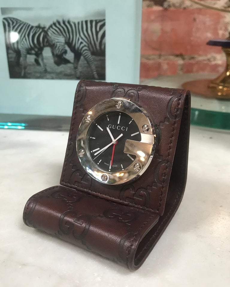 Gucci Limited Edition Brown Travel Desk Alarm Clock/watch, 1980s
At the bottom signed Gucci 