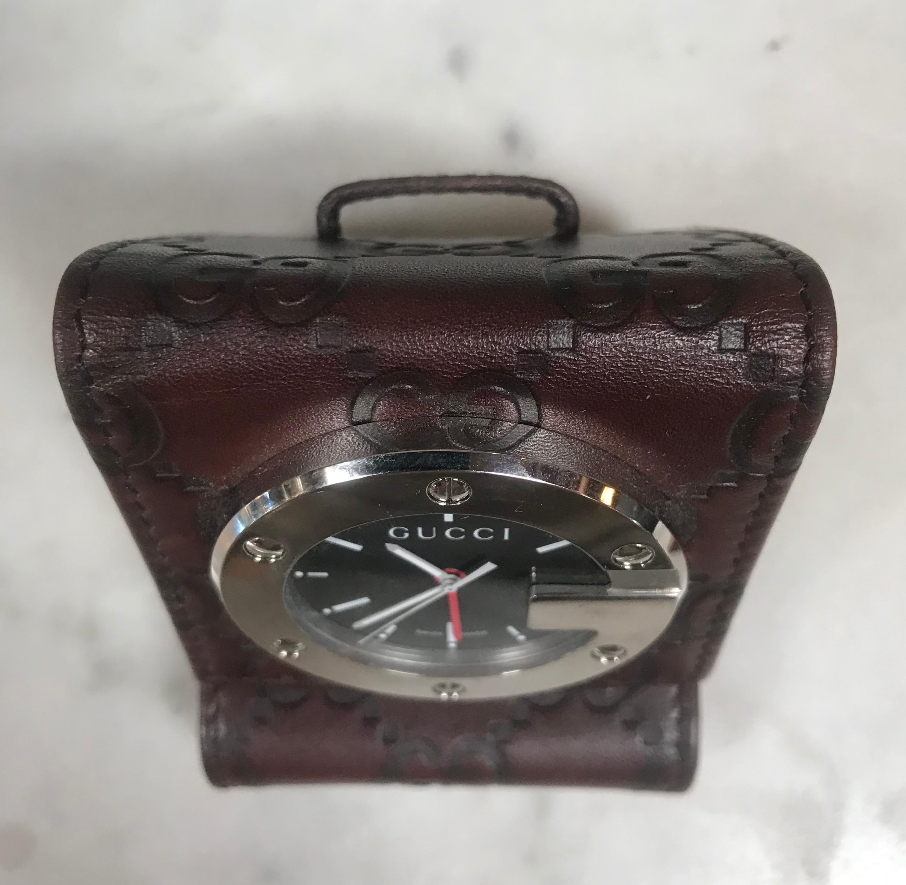 Modern Gucci Limited Edition Brown Travel Desk Alarm Clock/Watch, Italy, 1980s For Sale