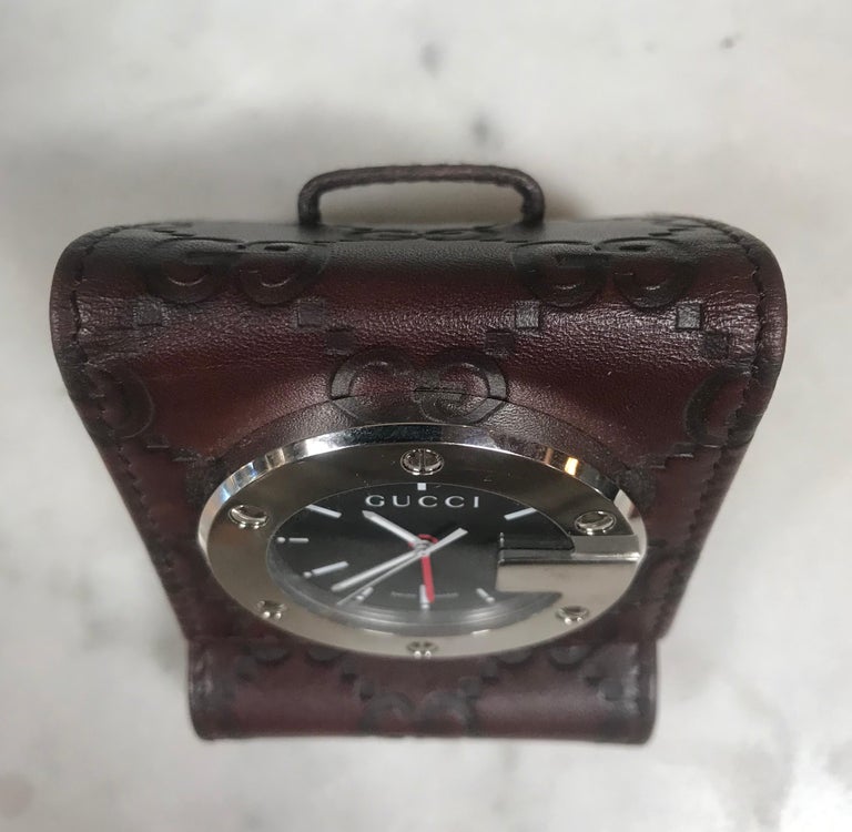 Late 20th Century Gucci Limited Edition Brown Travel Desk Alarm Clock/Watch, Italy, 1980s For Sale