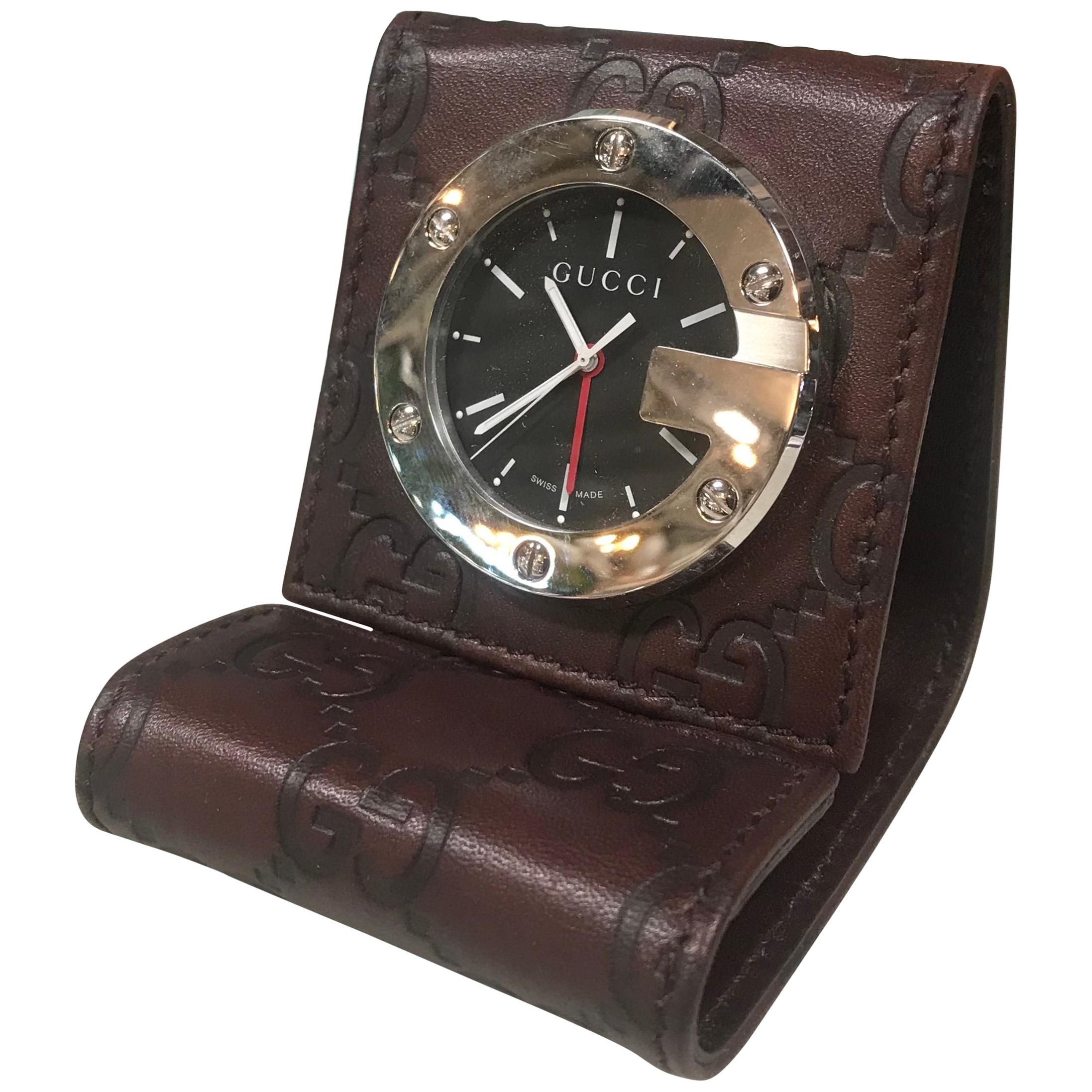 Gucci Limited Edition Brown Travel Desk Alarm Clock/Watch, Italy, 1980s