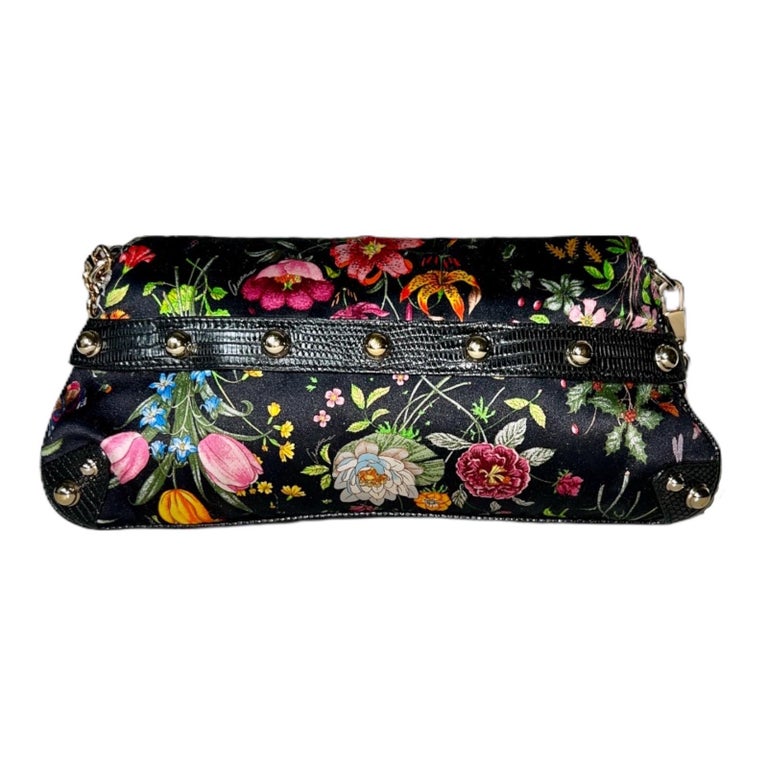 GUCCI Limited Edition Exotic Lizard Satin Flora Print Horsebit Bag Clutch  For Sale at 1stDibs