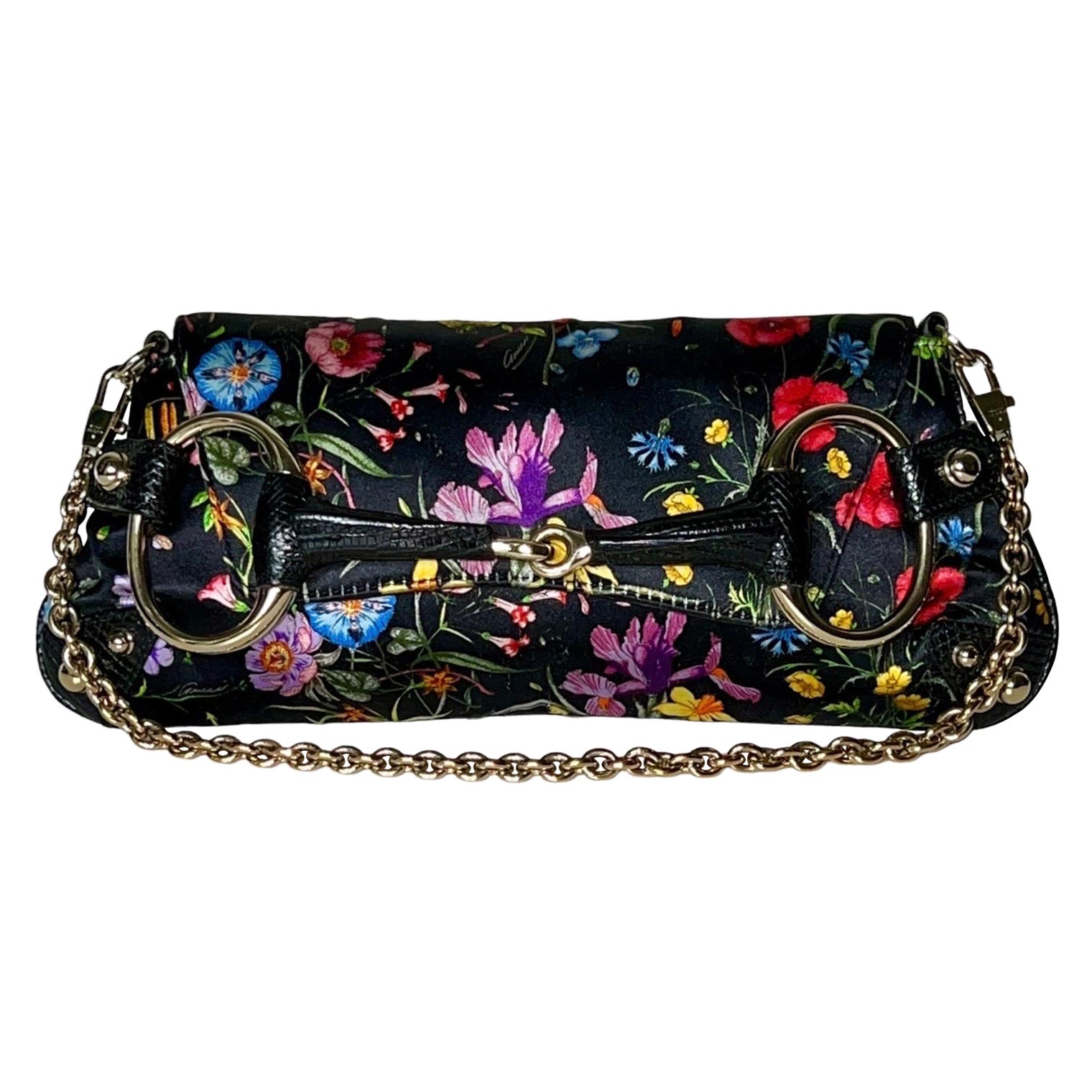 GUCCI Limited Edition Exotic Lizard Satin Flora Print Horsebit Bag Clutch