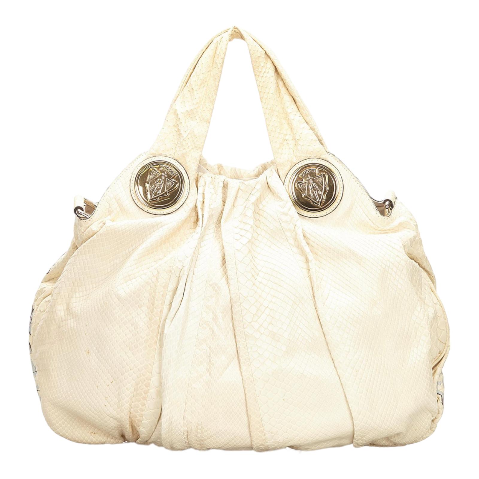 Beige GUCCI Limited Edition Exotic Python Skin Embroidered Cream Hand Bag with Crest For Sale