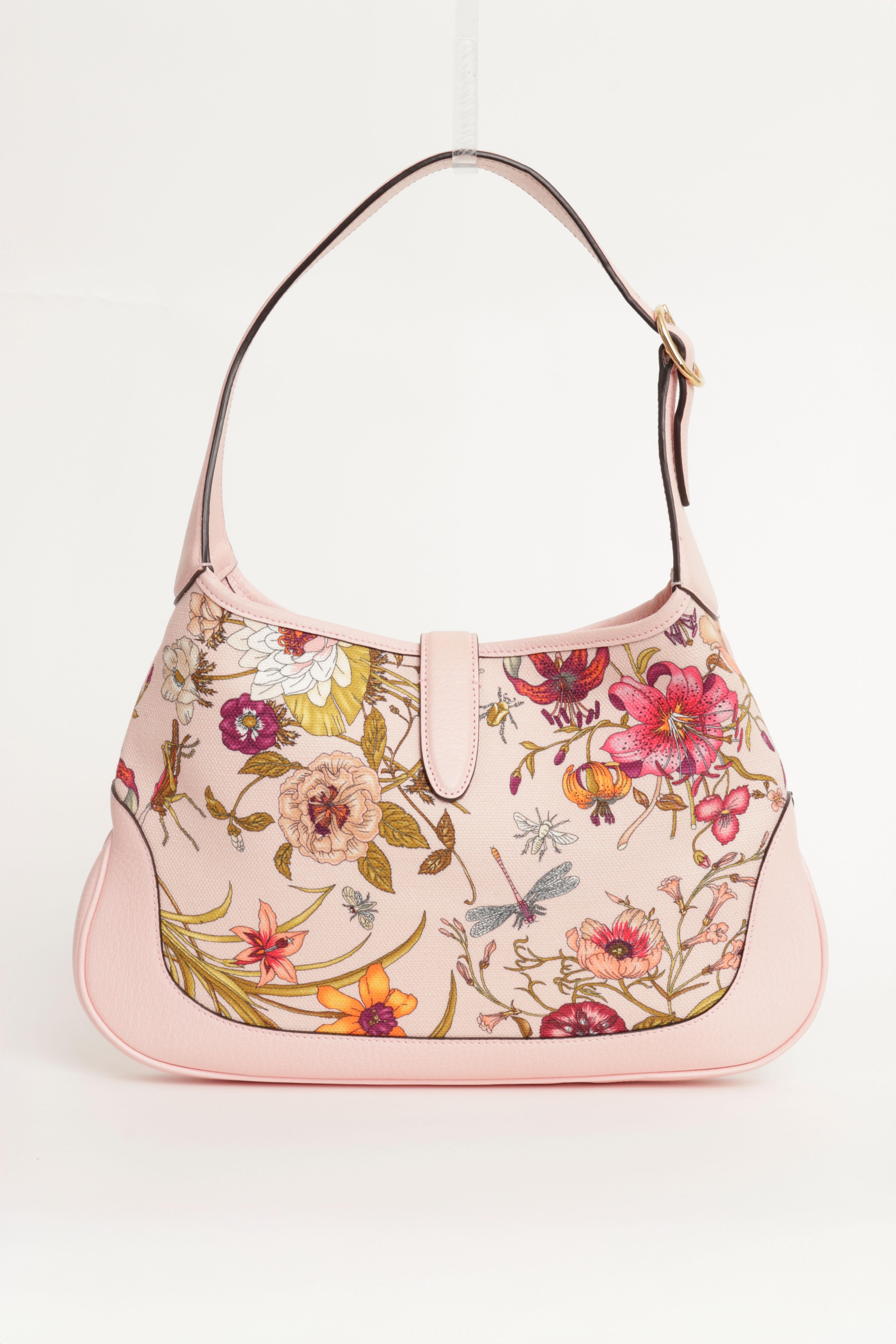 Beige Gucci Limited Edition Jackie 1961 Bag Flora Canvas Pink Leather w/ Box Auth Card en vente