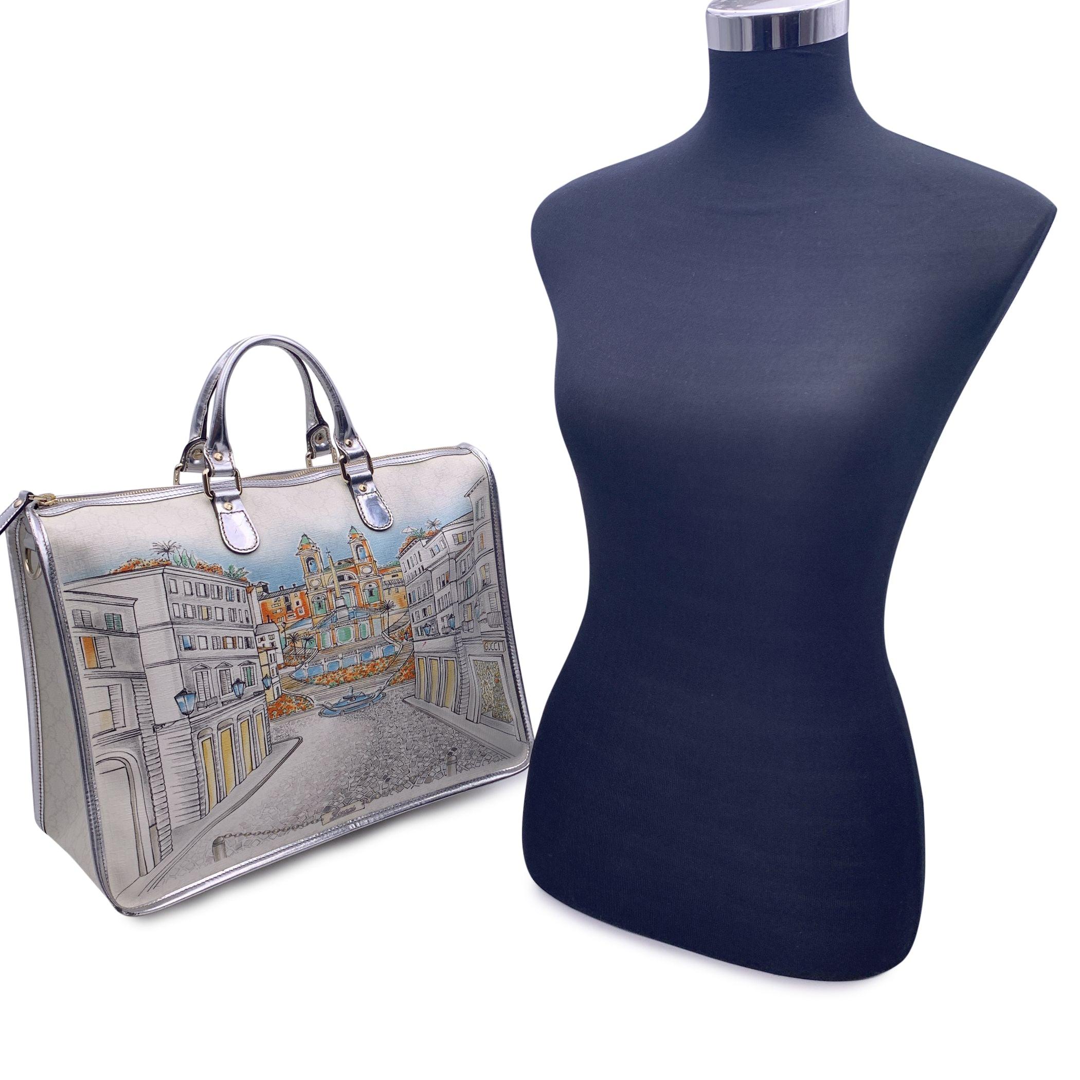 Gucci Limited Edition 'Spanish Steps- Roma Exclusive' Joy satchel bag, created specially to celebrate Gucci's Rome boutique 70th Anniversary. It is crafted from white GG canvas with silver metal trim. The bag features an artistic drawing of Rome's