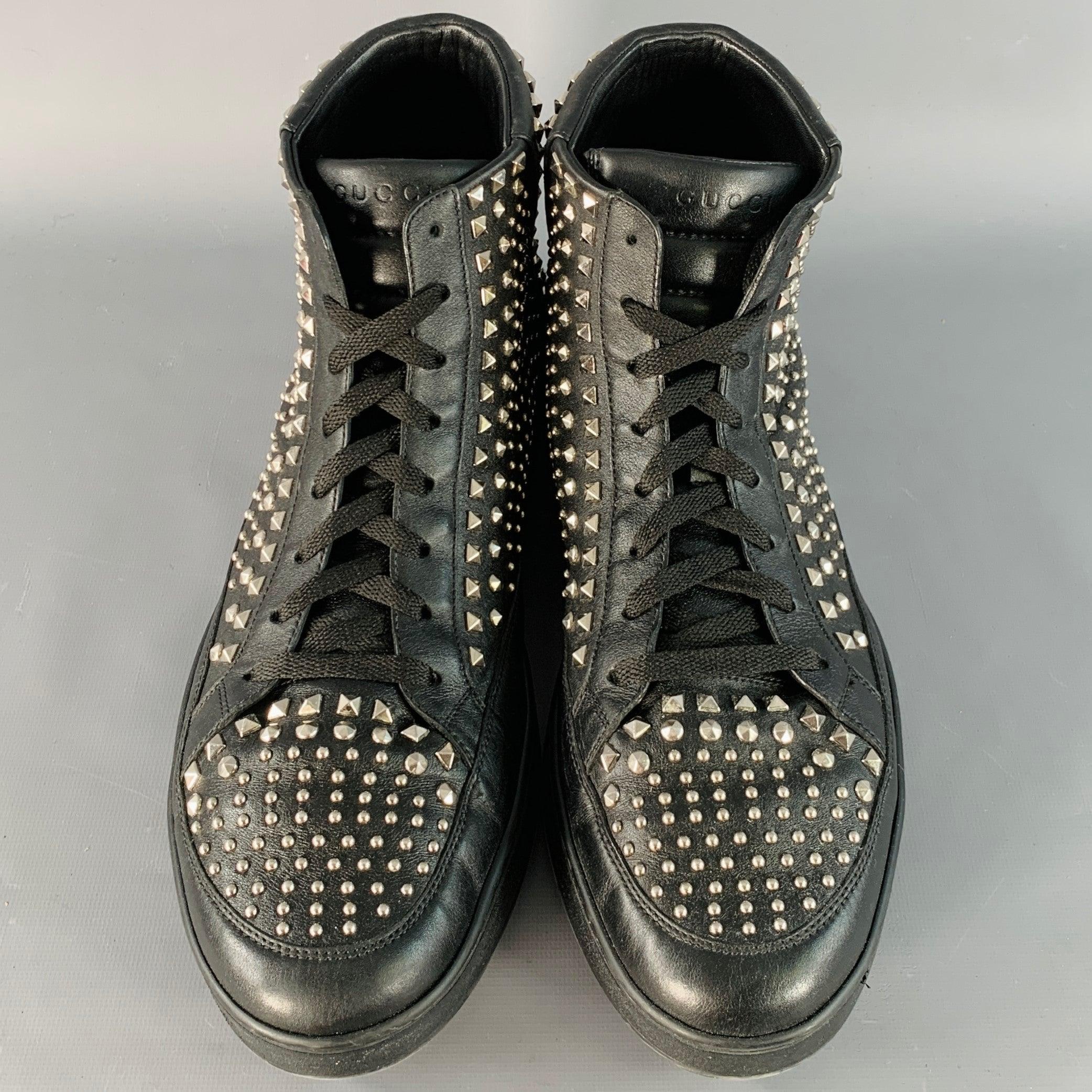 GUCCI Limited Edition Größe 14 Schwarz Silber Nieten Leder High Top Sneakers im Zustand „Hervorragend“ im Angebot in San Francisco, CA