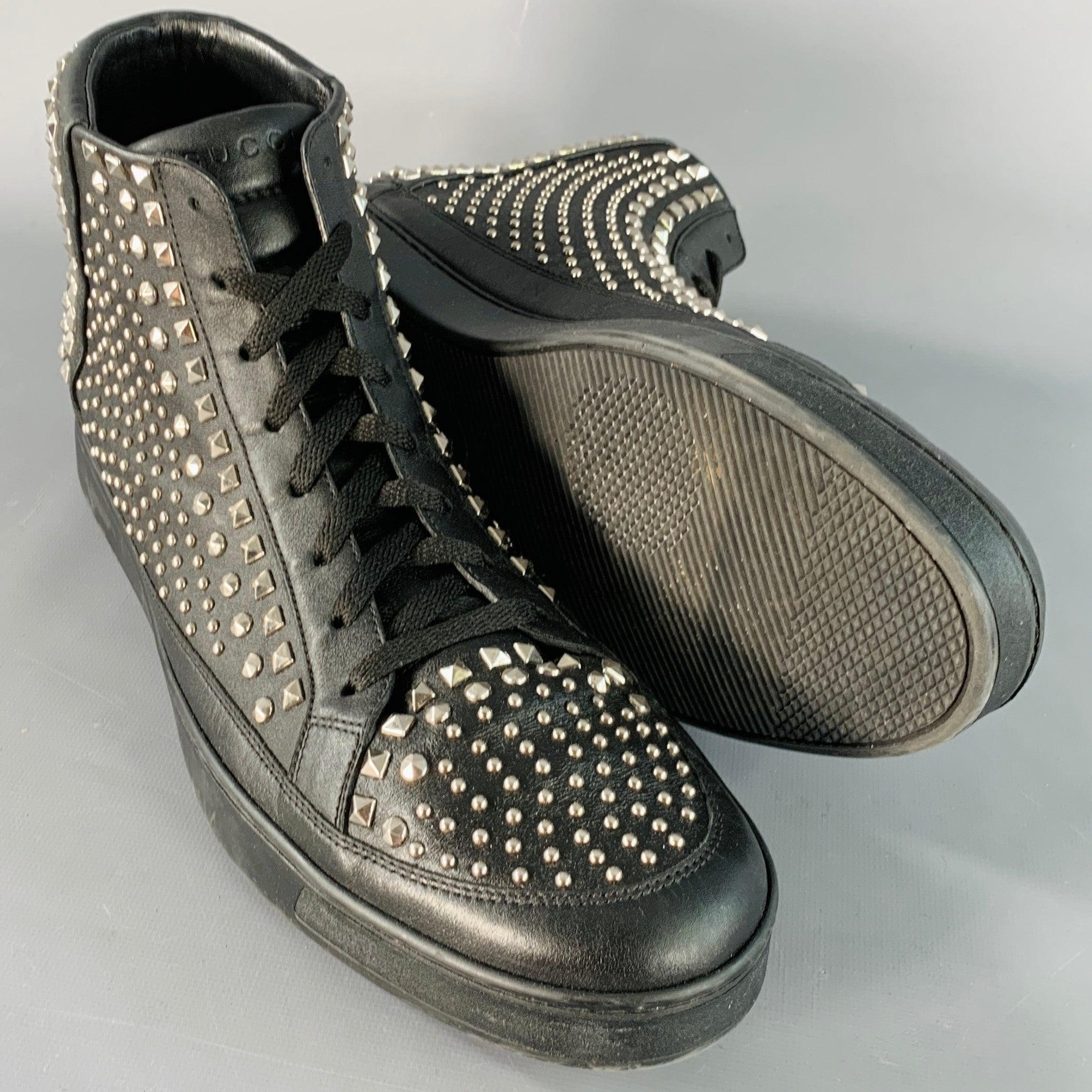 GUCCI Limited Edition Größe 14 Schwarz Silber Nieten Leder High Top Sneakers Herren im Angebot