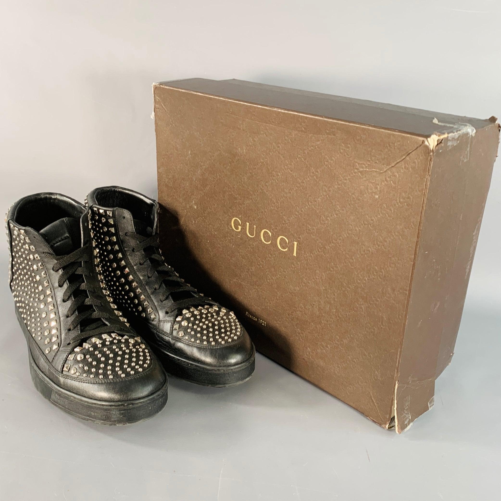GUCCI Limited Edition Größe 14 Schwarz Silber Nieten Leder High Top Sneakers im Angebot 5