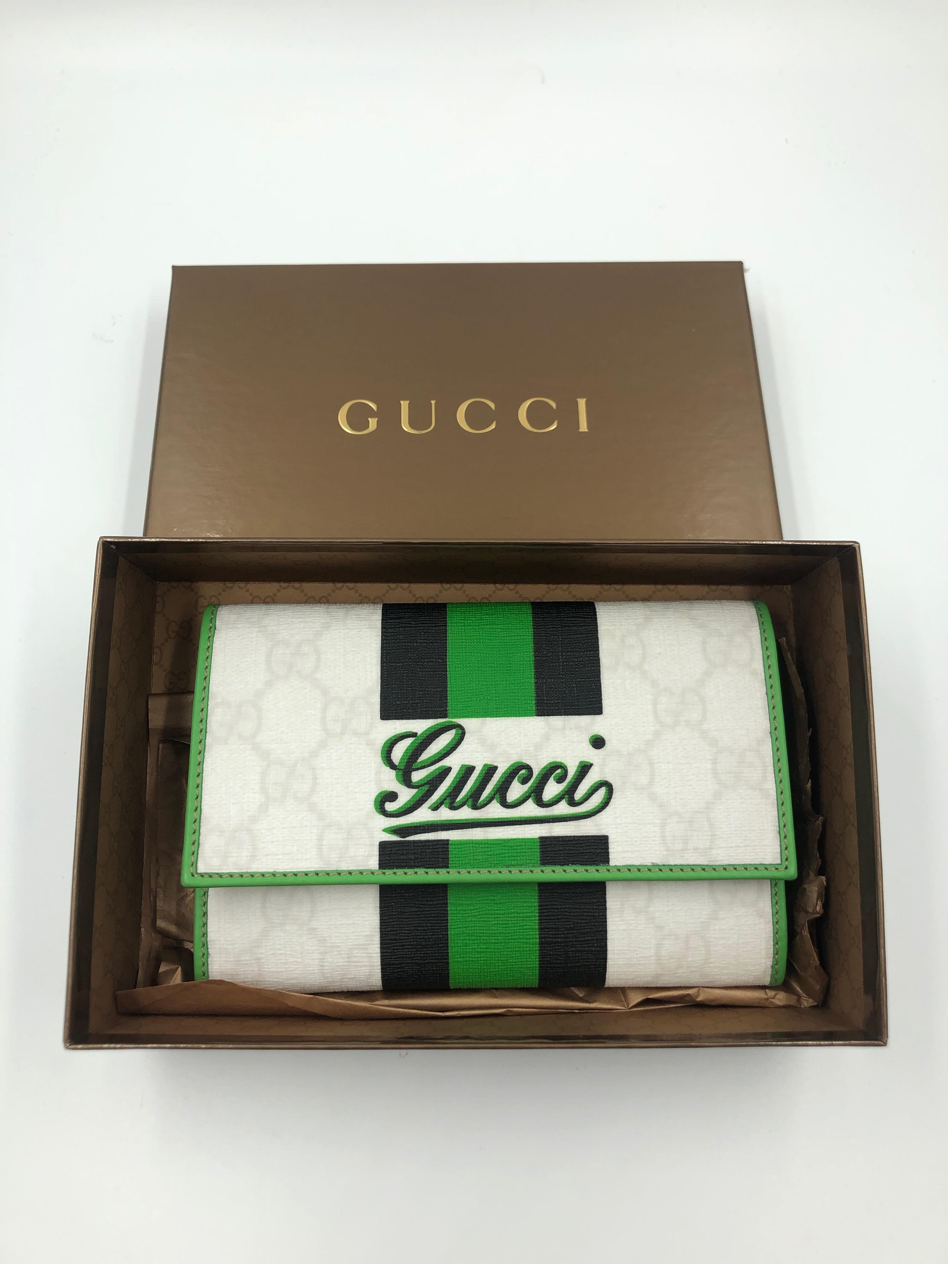 Gucci Limited Edition Wallet White GG Script Logo with Green & Black Stripe 7