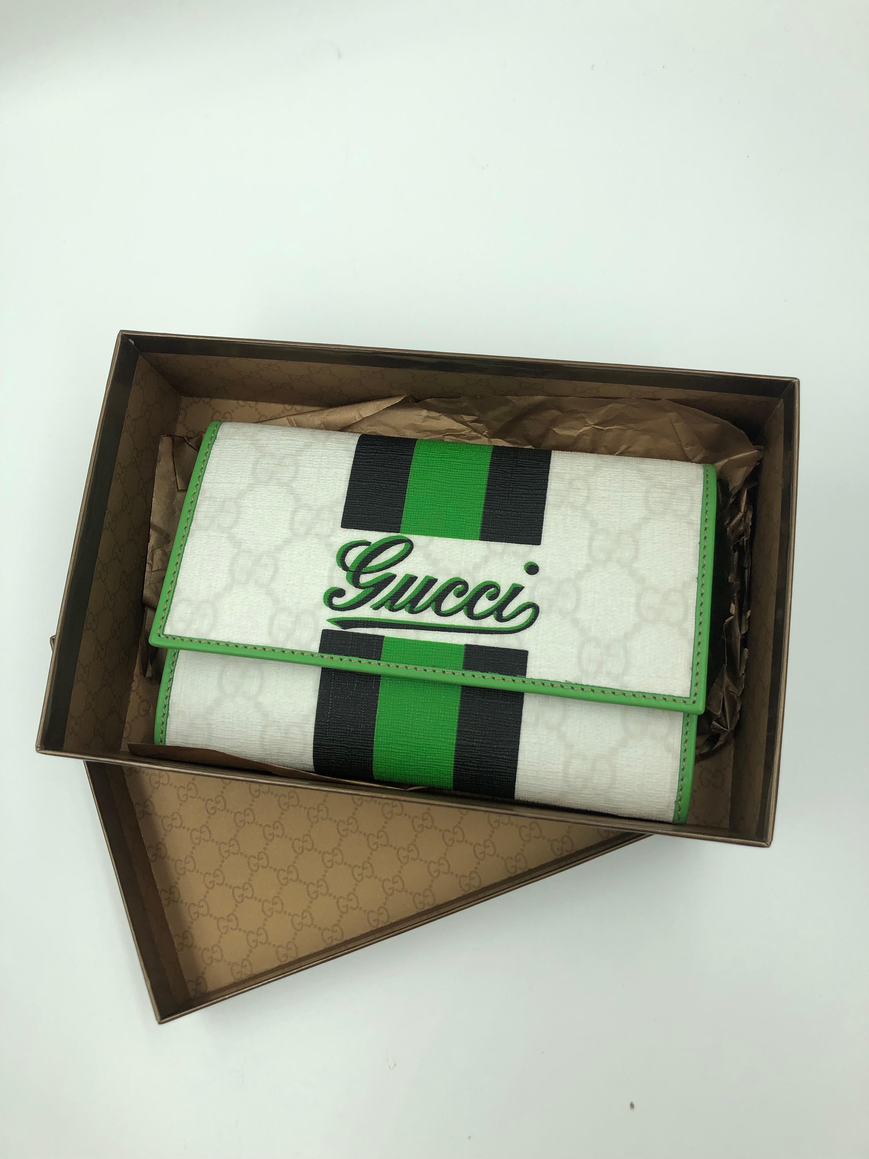 Gucci Limited Edition Wallet White GG Script Logo with Green & Black Stripe 6