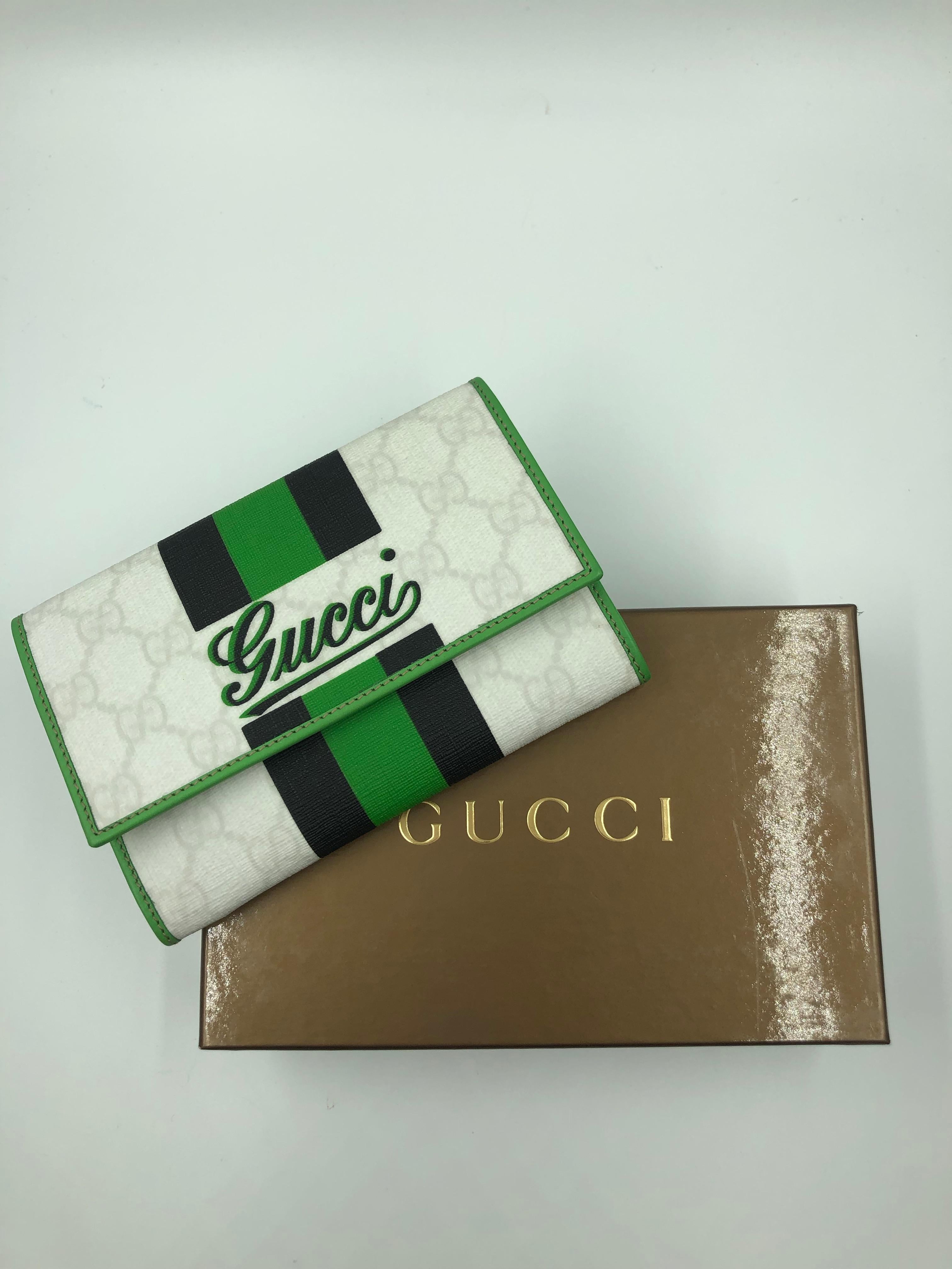 Gucci Limited Edition Wallet White GG Script Logo with Green & Black Stripe 8