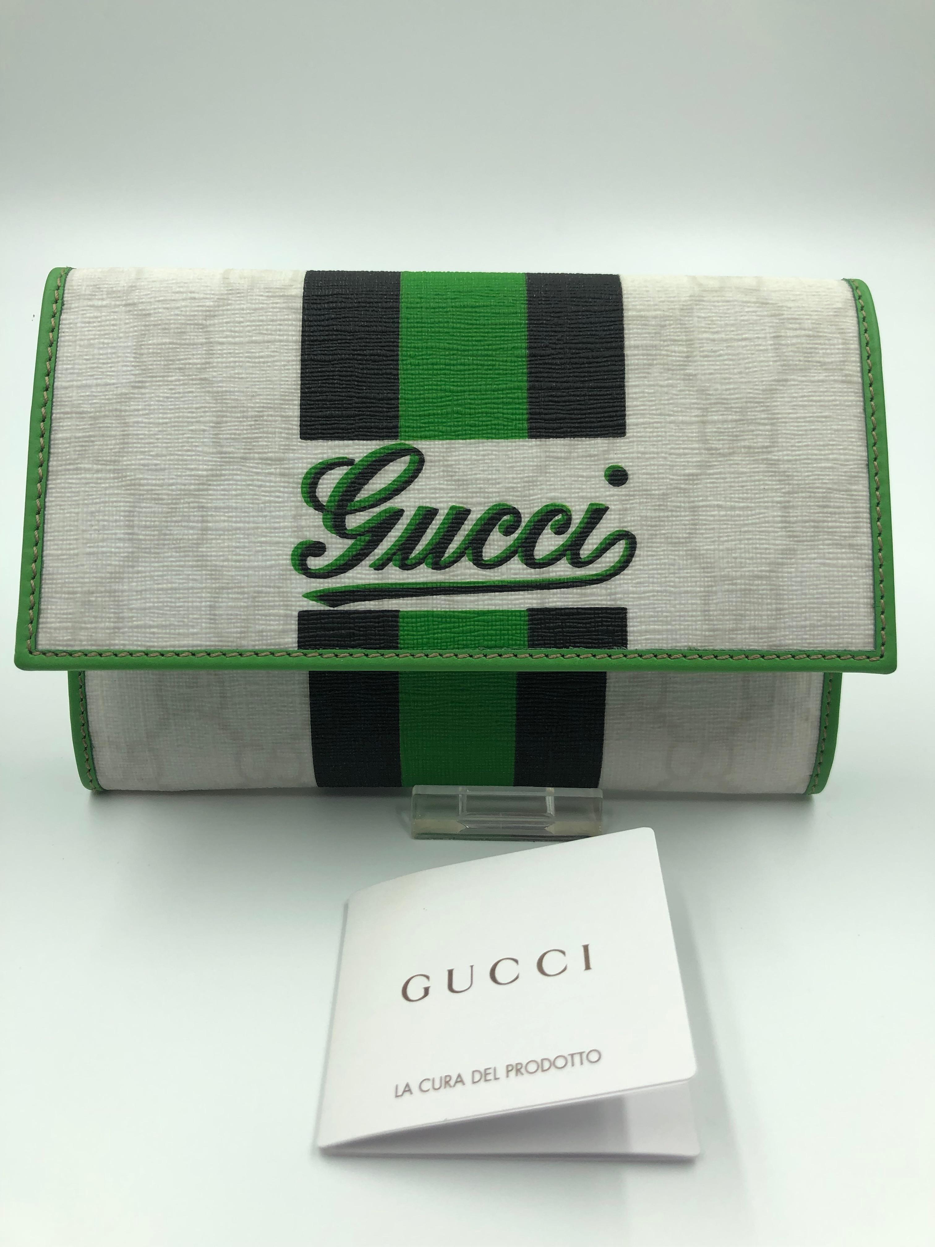 Gucci Limited Edition Wallet White GG Script Logo with Green & Black Stripe 1