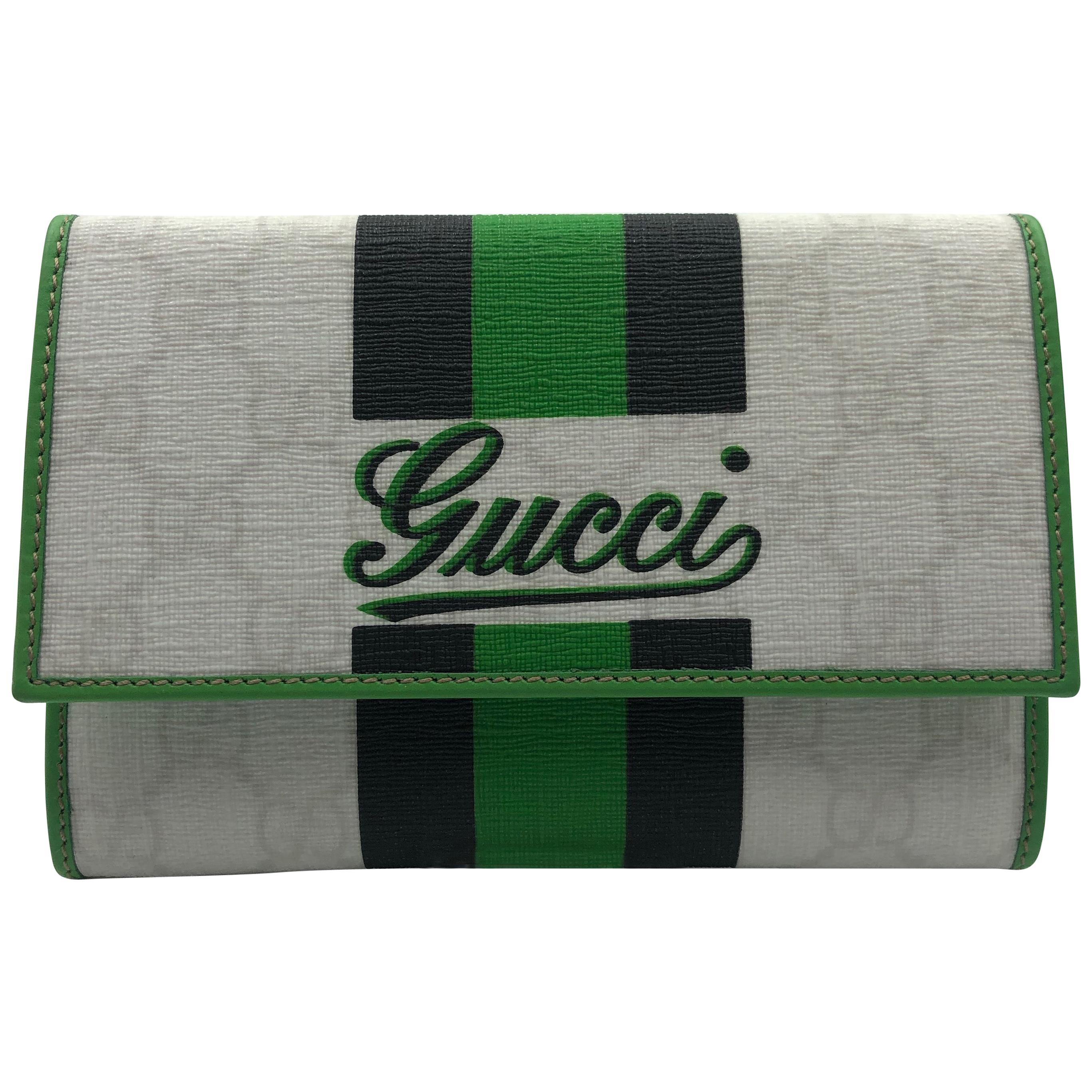 Gucci Limited Edition Wallet White GG Script Logo with Green & Black Stripe