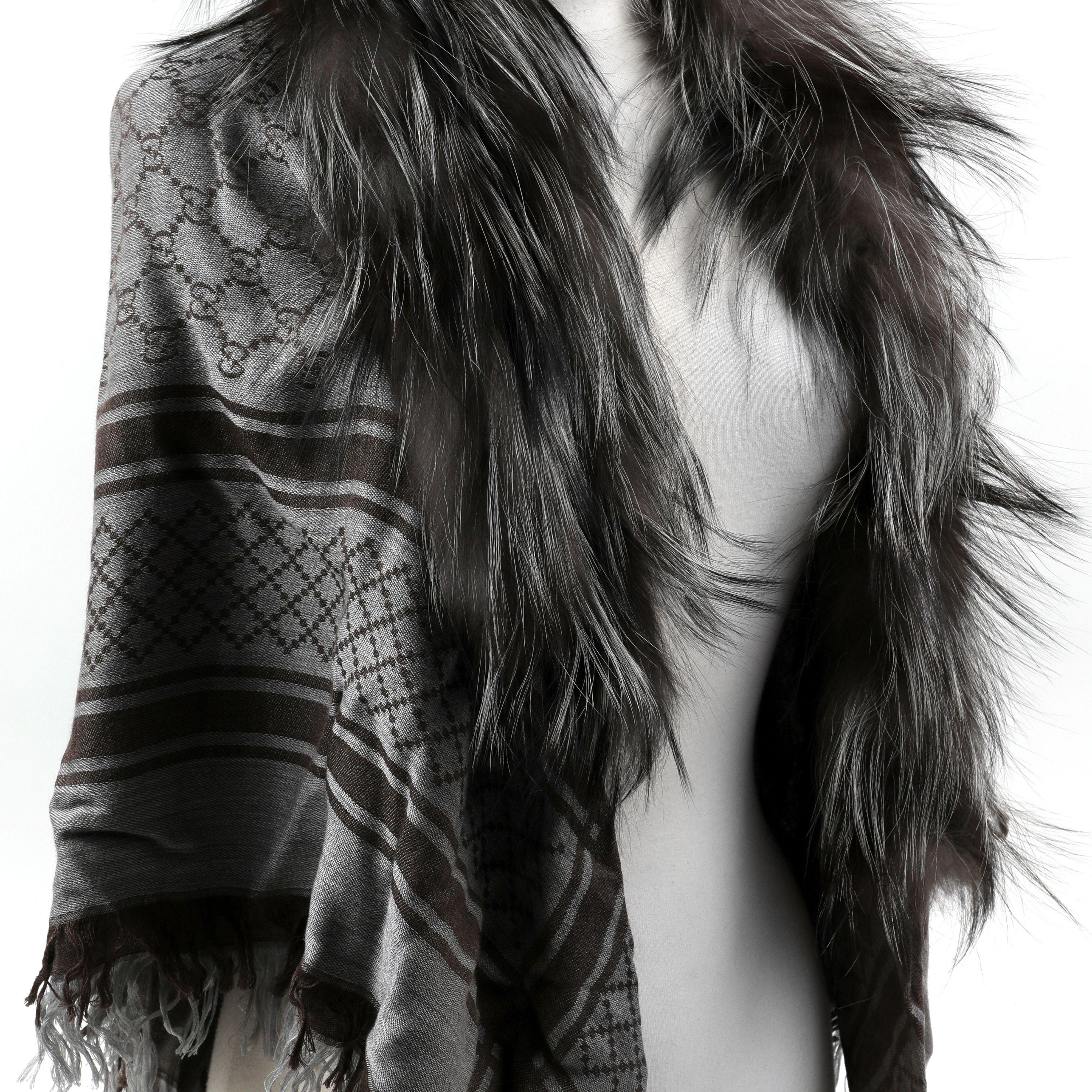 Gray Gucci Limited Release Grey Fox Fur Trim Shawl Scarf  For Sale